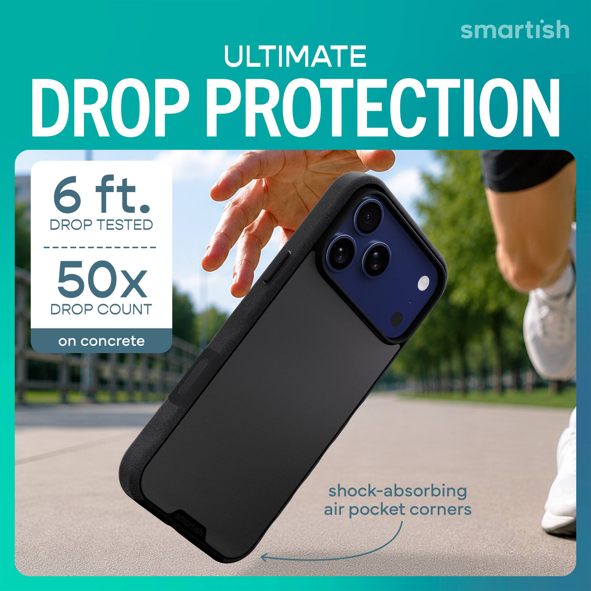 smartish ULTIMATE DROP PROTECTION  
6 ft. DROP TESTED  
50x DROP COUNT  
on concrete  
smartish  
shock-absorbing air pocket corners
