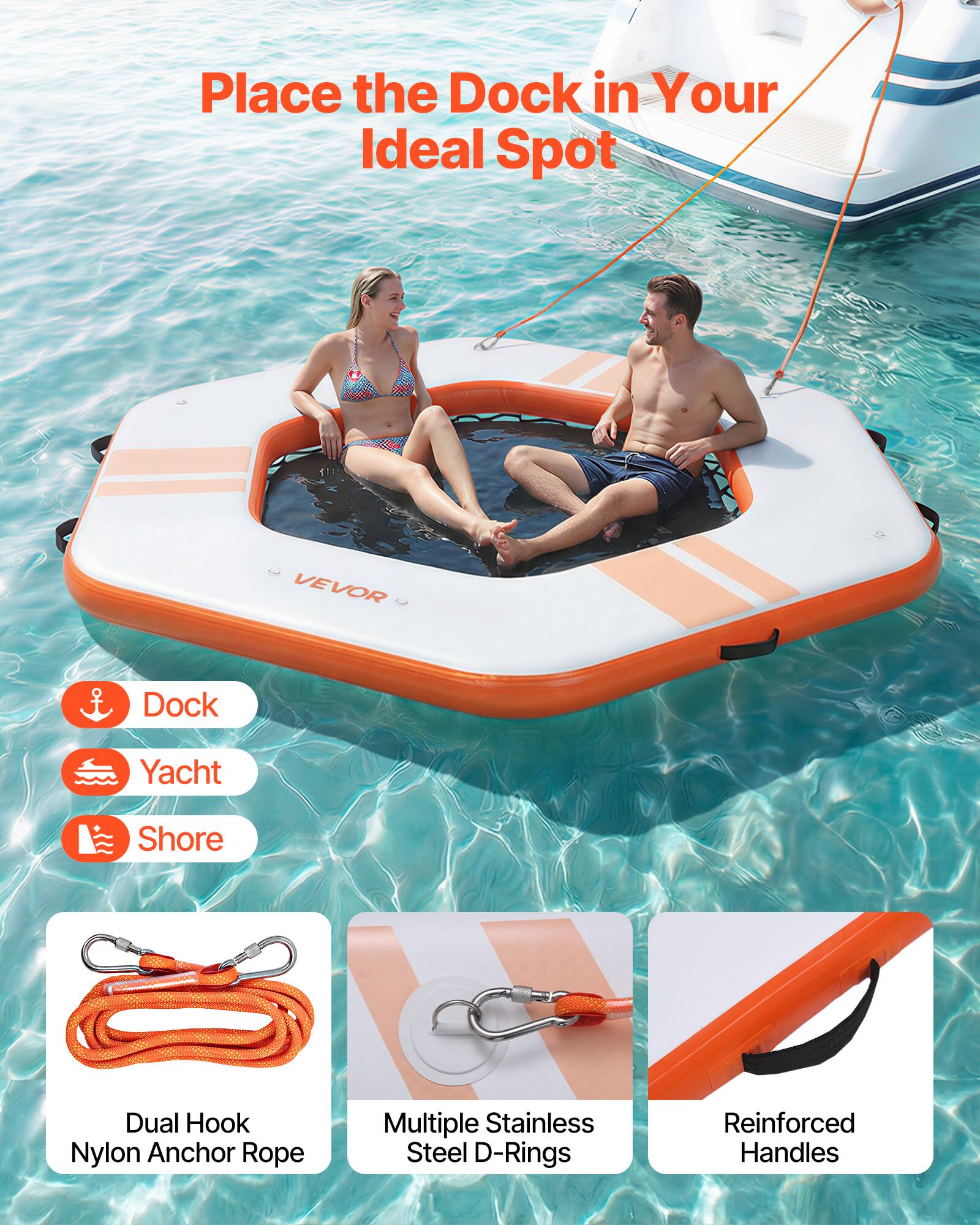 Place the Dock in Your Ideal Spot

VEVOR Dock Yacht Shore Dual Hook Nylon Anchor Rope Multiple Stainless Steel D-Rings Reinforced Handles