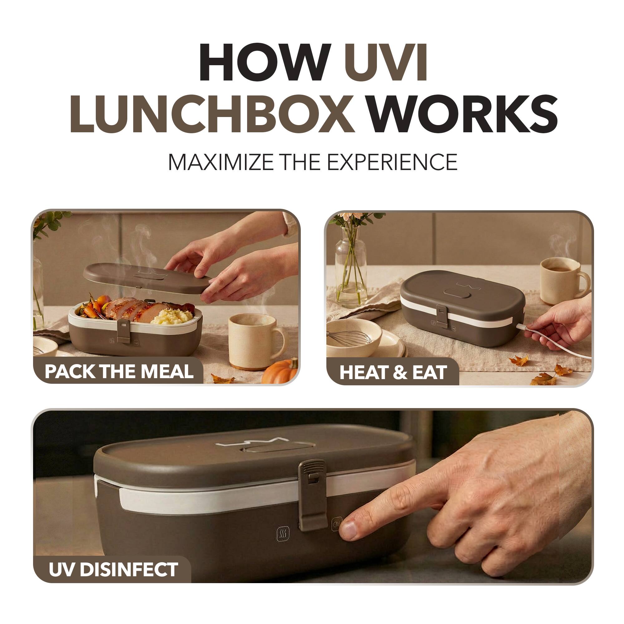 HOW UVI LUNCHBOX WORKS  
MAXIMIZE THE EXPERIENCE  

PACK THE MEAL  
HEAT & EAT  
UV DISINFECT