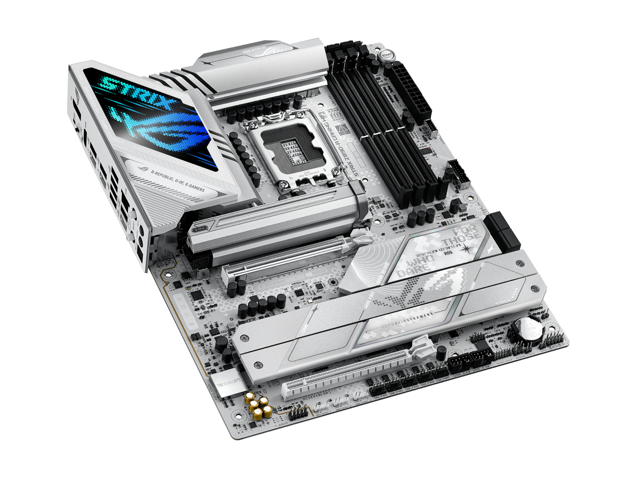 Sure, here is the corrected and grouped text from the image:

---

**ROG STRIX**

**FOR THOSE WHO DARE**

**R-REPUBLIC OF GAMERS**

**GAMER2 65310**

**HFI HM**

**CM**

**19 W RS**

**EPORCIDUPGAMENT**

---

This text appears to be a mix of branding, model numbers, and possibly a slogan or motto.