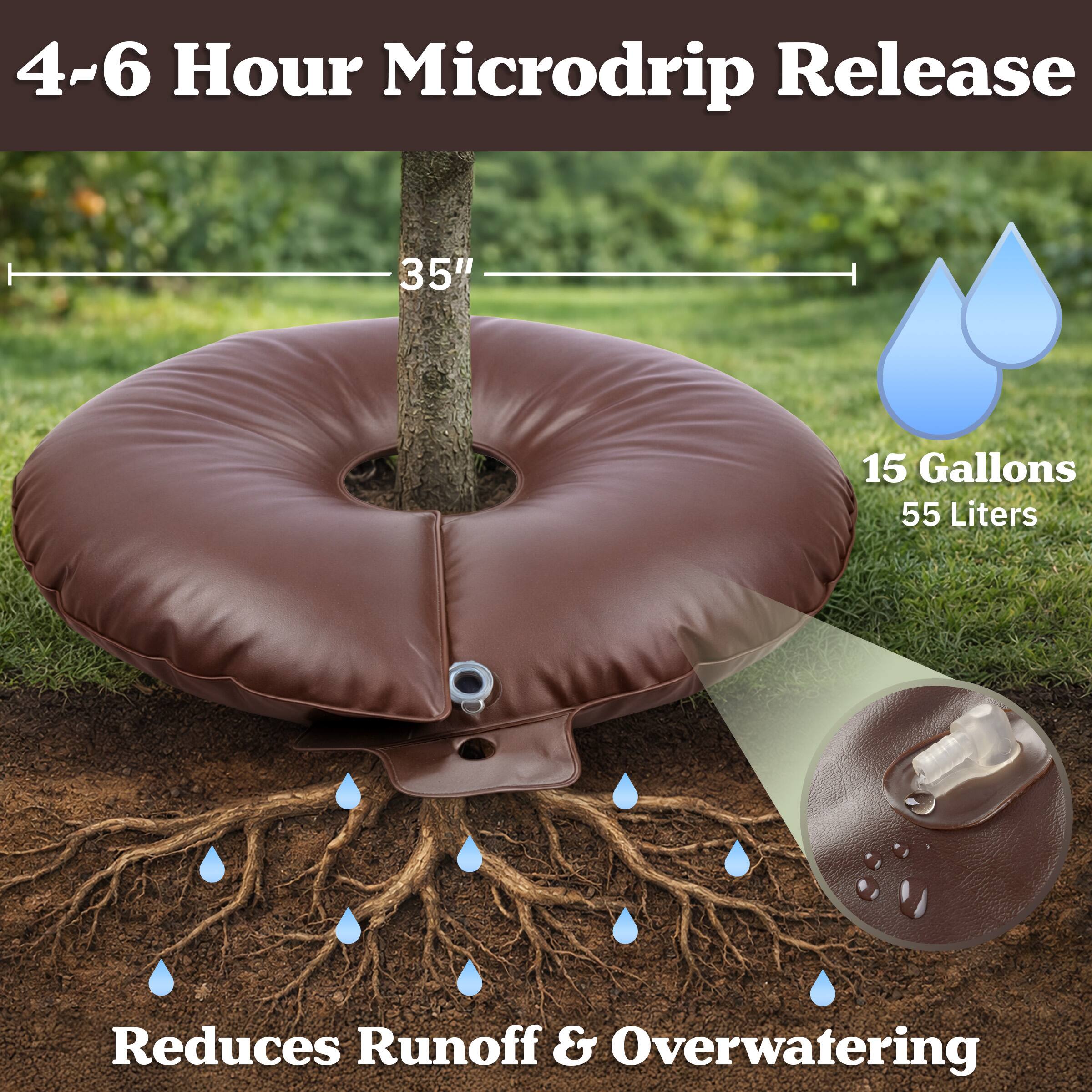 4-6 Hour Microdrip Release  
35"  
15 Gallons  
55 Liters  
Reduces Runoff & Overwatering