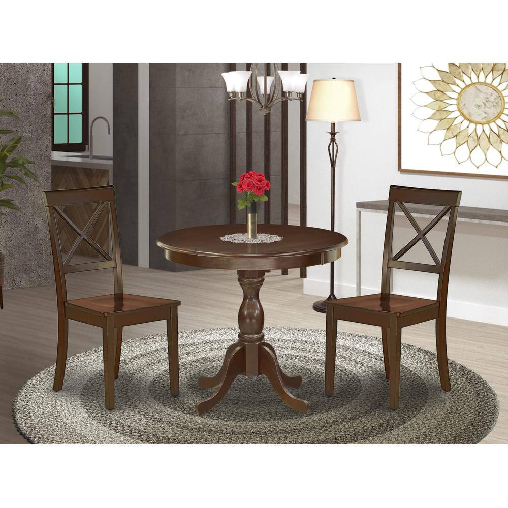 Alt View 3. East West Furniture - AMBO3-MAH-W 3 Pc Dining Room Set - 1 Round Pedestal Table and 2 Mahogany Dinning Chairs - Mahogany Finish - Mahogany.