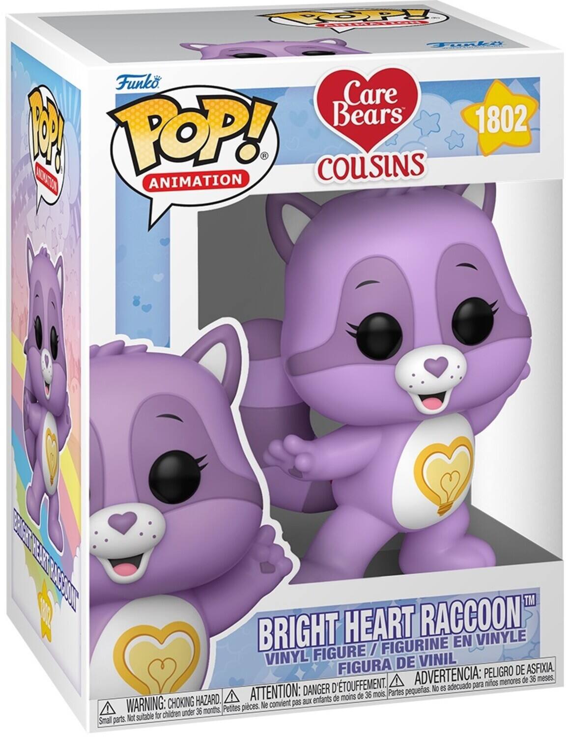 Sure, here is the corrected and grouped text from the image:

---

**Funko POP! Animation**

**Care Bears Cousins**

**1802**

**Bright Heart Raccoon™**

**Vinyl Figure / Figurine en Vinyle / Figura de Vinil**

**WARNING: CHOKING HAZARD. Small parts. Not suitable for children under 36 months.**

**ATTENTION: DANGER. Petites pièces. Ne convient pas aux enfants de moins de 36 mois.**

**ADVERTENCIA: PELIGRO DE ASFIXIA. Partes pequeñas. No es adecuado para niños menores de 36 meses.**

---

This text includes the product name, series number, and safety warnings in English, French, and Spanish.