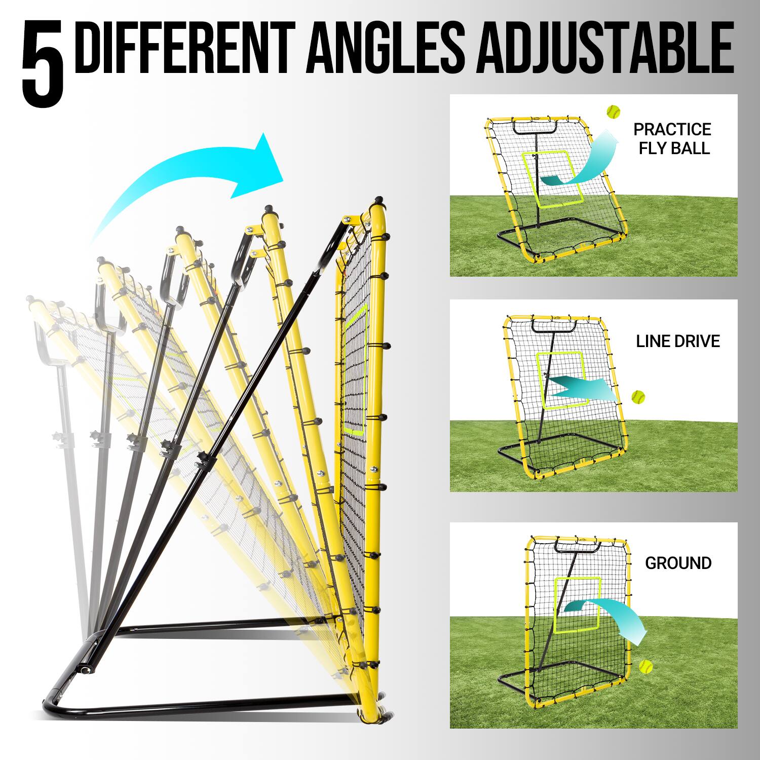 5 DIFFERENT ANGLES ADJUSTABLE

- PRACTICE FLY BALL
- LINE DRIVE
- GROUND