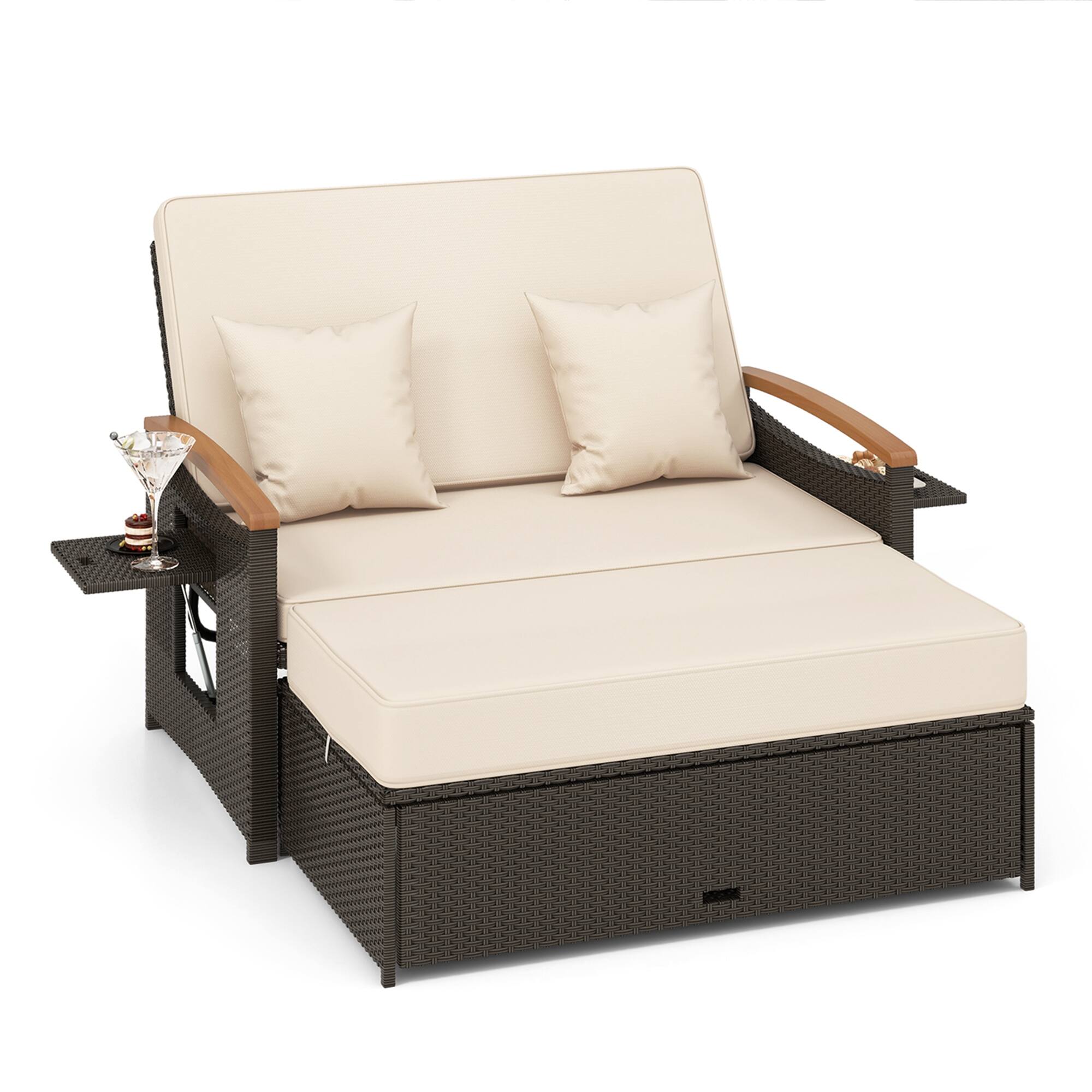 Costway - Patio Rattan Daybed Set with Cushioned Loveseat & Storage Ottoman for Porch Beige - Beige + Mix Brown