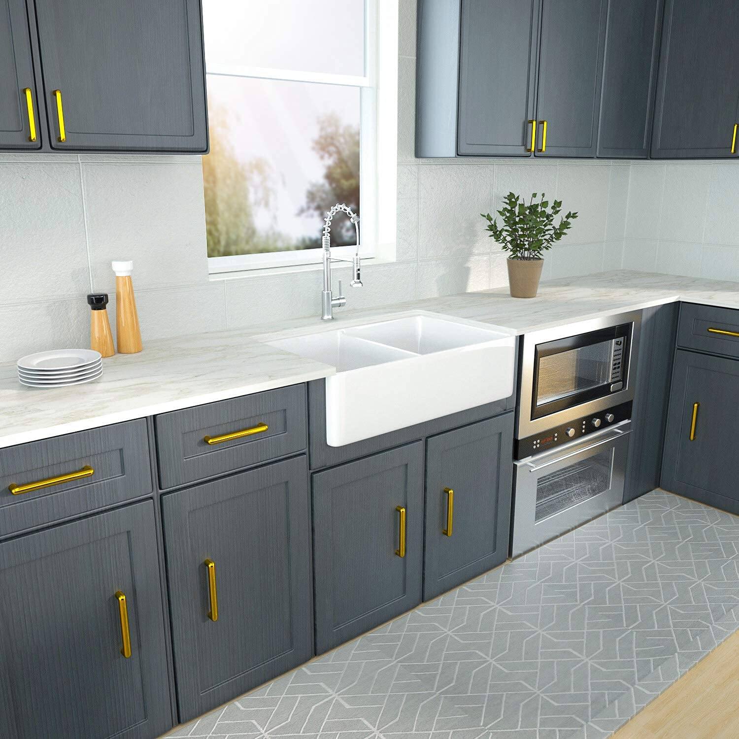 Alt View 1. Siljoy - 32" L x 20" W Double Basin Farmhouse Kitchen Sink with Basket Strainer - White.