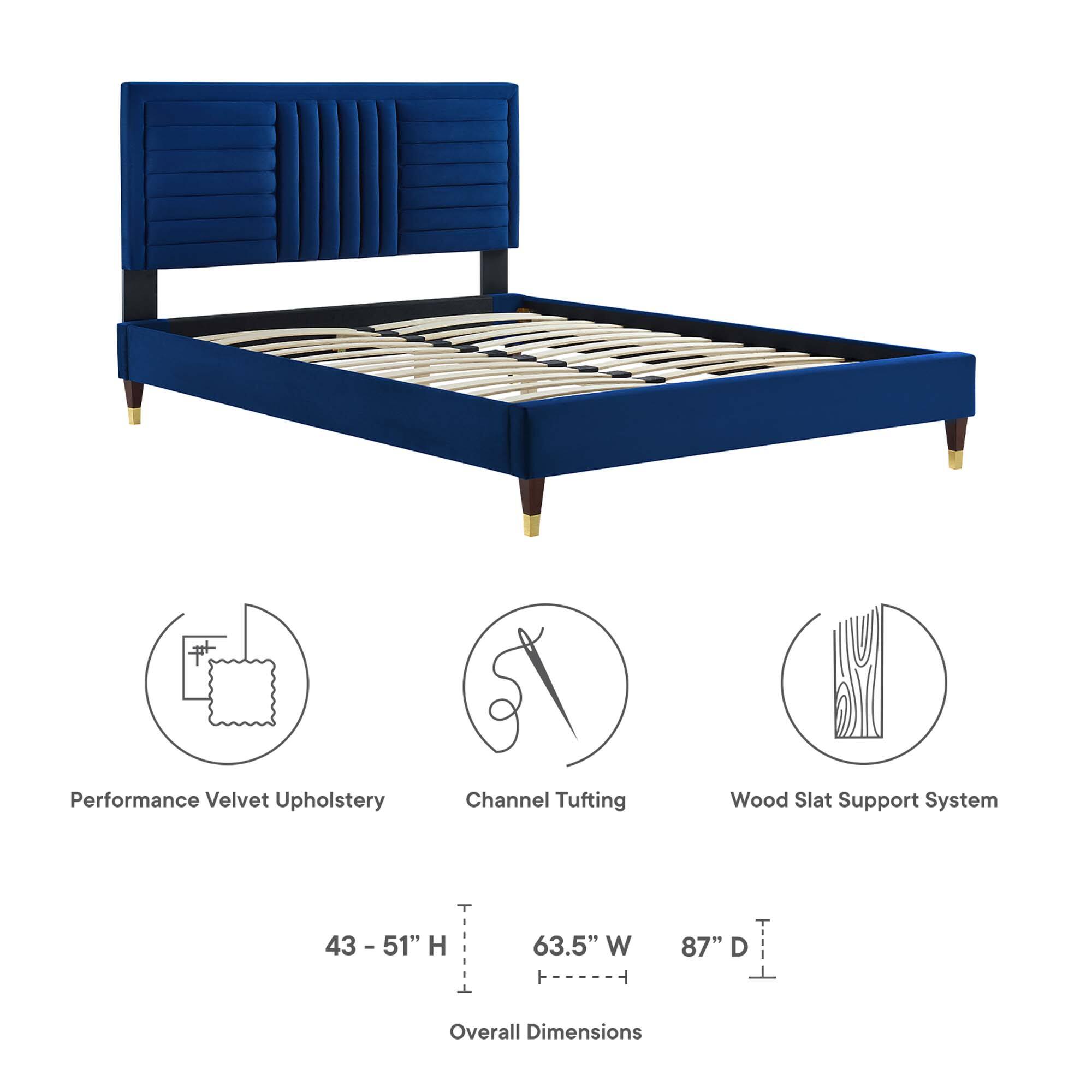 Performance Velvet Upholstery  
Channel Tufting  
Wood Slat Support System  

Overall Dimensions  
43 - 51" H  
63.5" W  
87" D