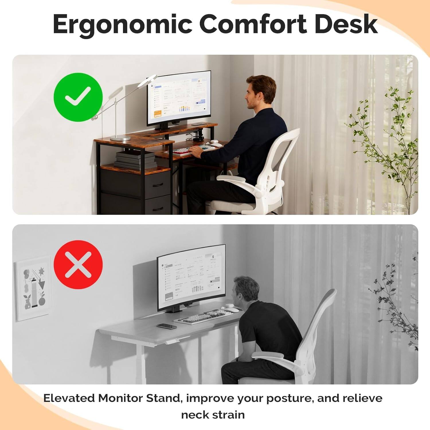 Ergonomic Comfort Desk X Elevated Monitor Stand, improve your posture, and relieve neck strain