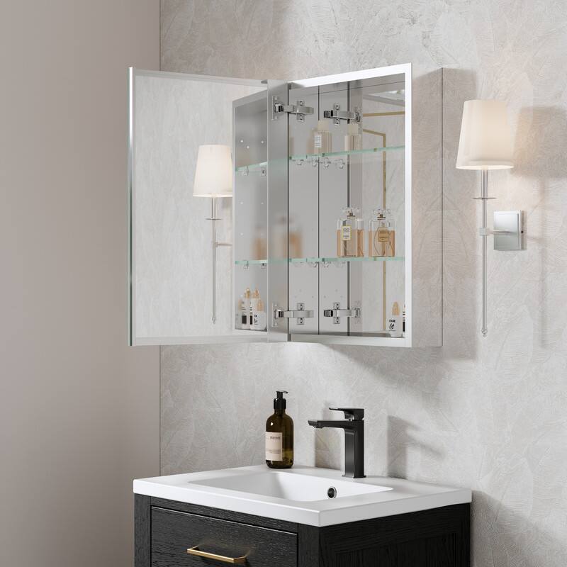 Alt View 4. WELLFOR - 16 in. W x 24 in. H Rectangular Aluminum Recess or Surface Mount Medicine Cabinet with Mirror, Soft Close Door - Silver.