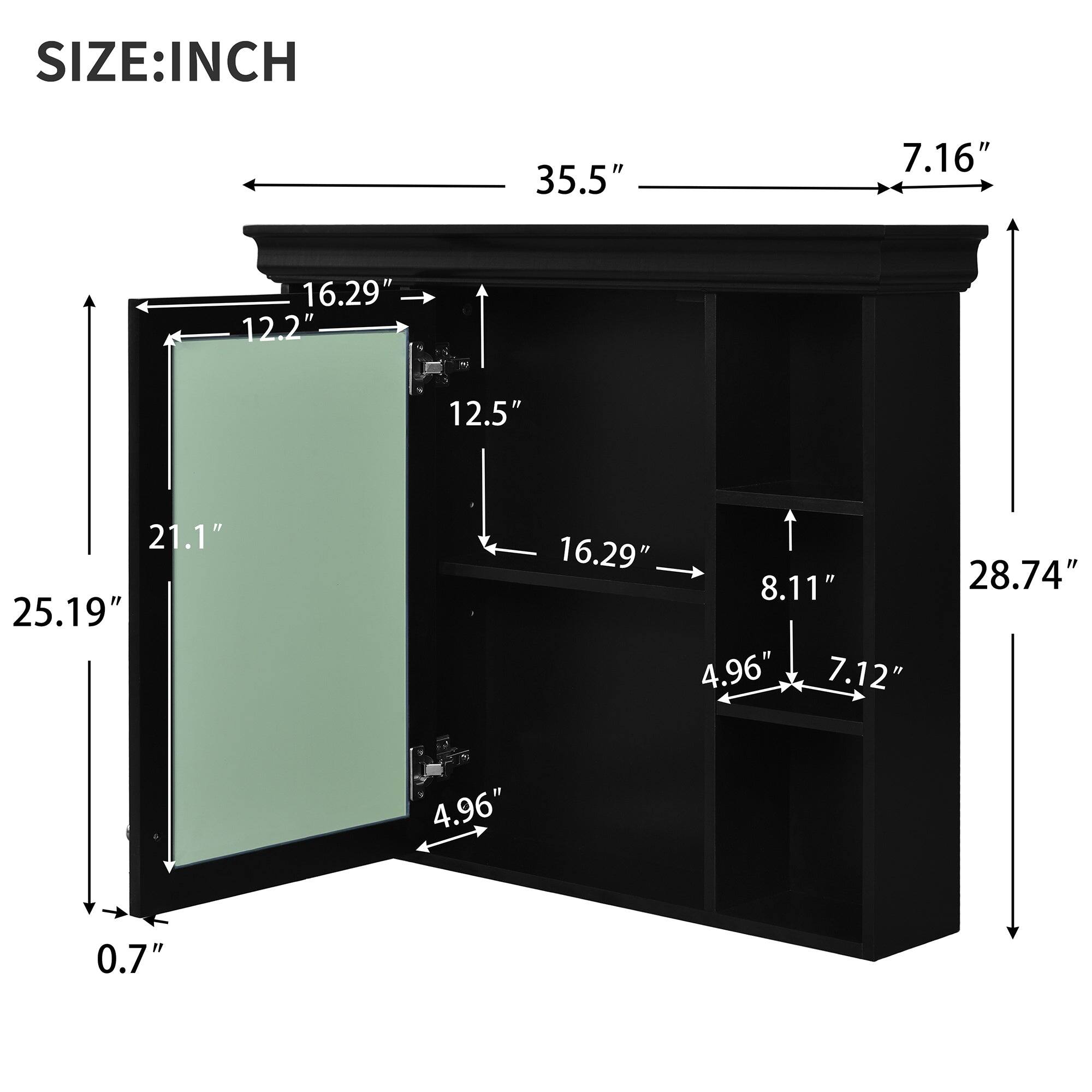 SIZE: INCH  
35.5" 7.16" 16.29" 12.2" 12.5" 21.1" 25.19" 16.29" 8.11" 4.96" 7.12" 28.74" 4.96" 0.7"