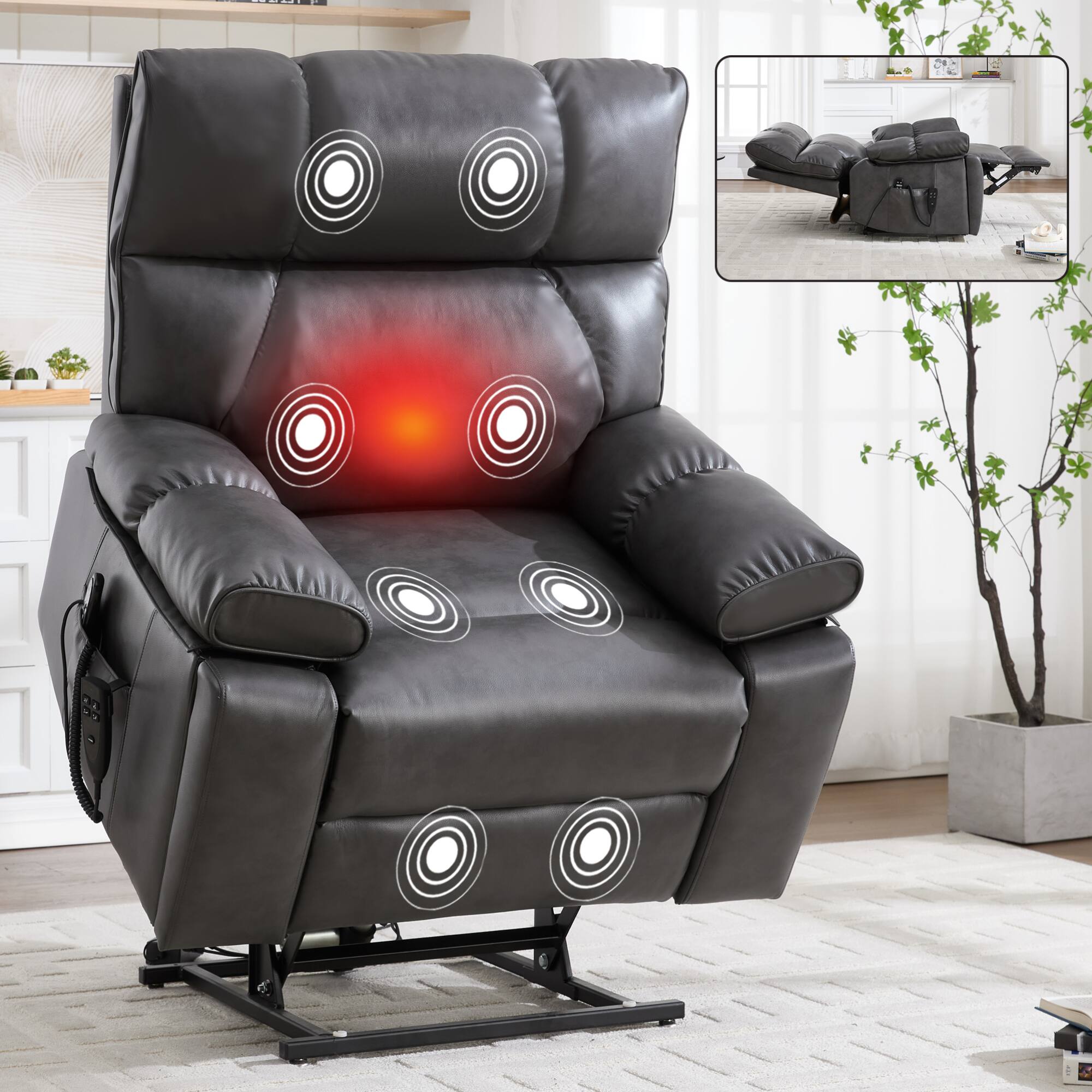 Alt View 9. GOODSILO - Large Dual Motor Electric Power Lift Recliner with Massage and Lumbar Heat Functions for Ultimate Comfort - Dark Gray.