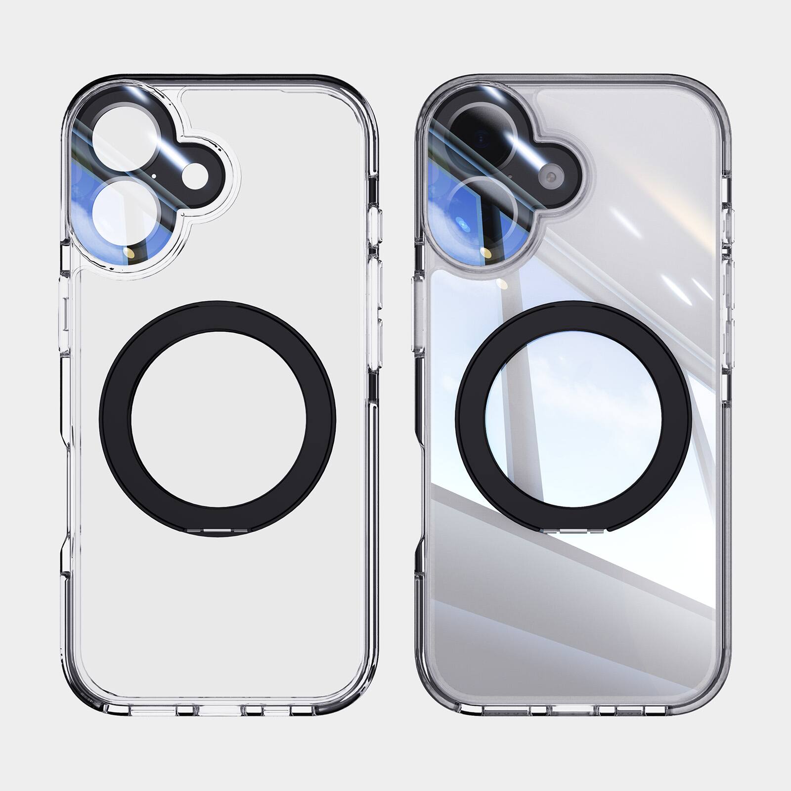 Angle. Dteck - Magnetic Clear Phone Case for Apple iPhone 17 with Metal Rotating Kickstand,Shockproof PC+TPU Slim Transparent Cover - Black.