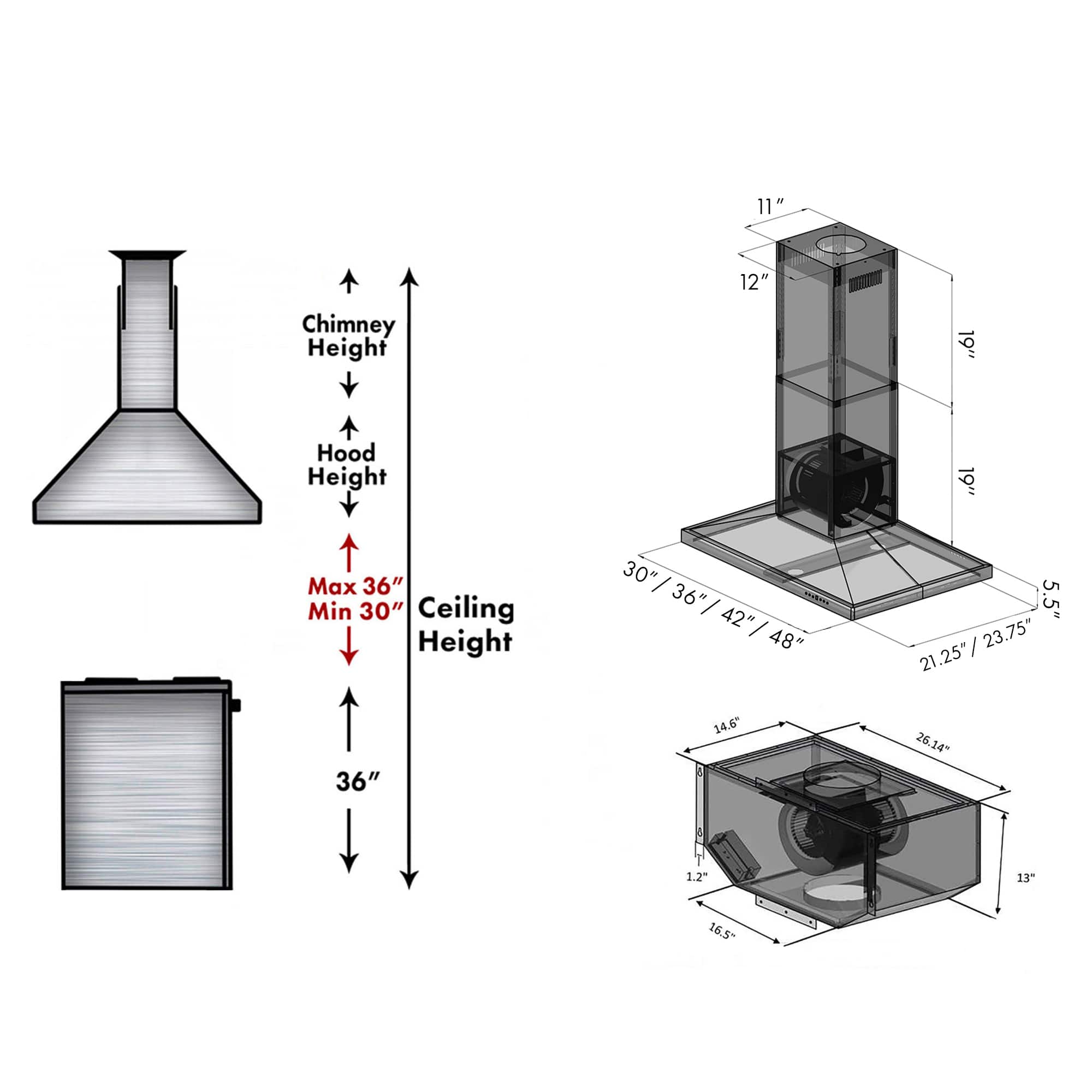 The image shows a diagram of a ventilation system with various measurements and specifications. The diagram includes a chimney, hood, and ceiling height. The measurements provided are:
1. Chimney Height: 11"
2. Hood Height: 12"
3. Max Ceiling Height: 36"
4. Min Ceiling Height: 30"
Additionally, there are other measurements and specifications in the image, such as:
1. 42"
2. 48"
3. 5.5"
4. 23.75"
5. 21.25"
6. 36"
7. 14.6"
8. 26.14"
9. 1.2"
10. 13"
11. 16.5"