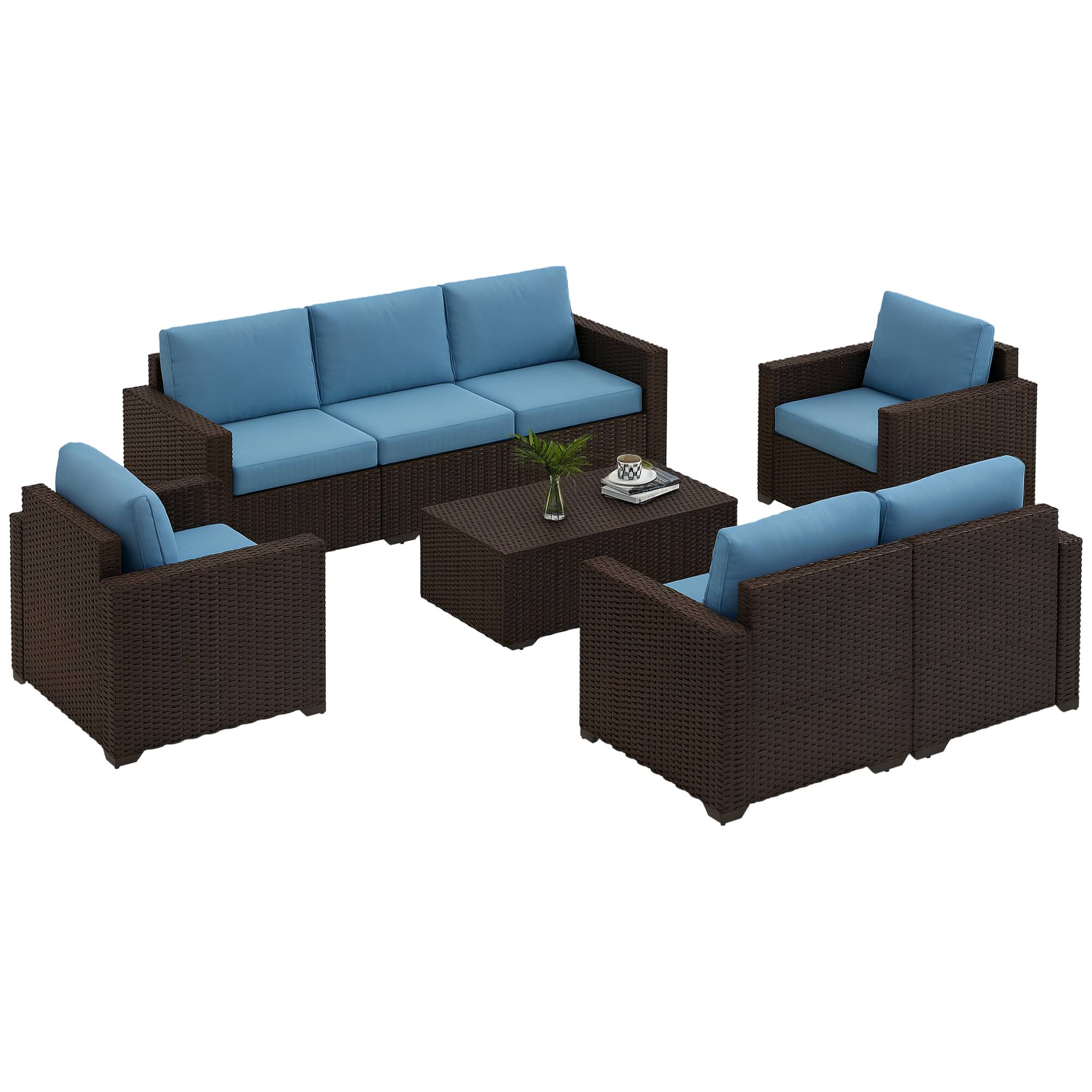 Outsunny - 5 Piece Patio Furniture Set with Cushions, Outdoor PE Rattan Wicker Conversation Sofa Set with Storage Bin Coffee Table - Blue