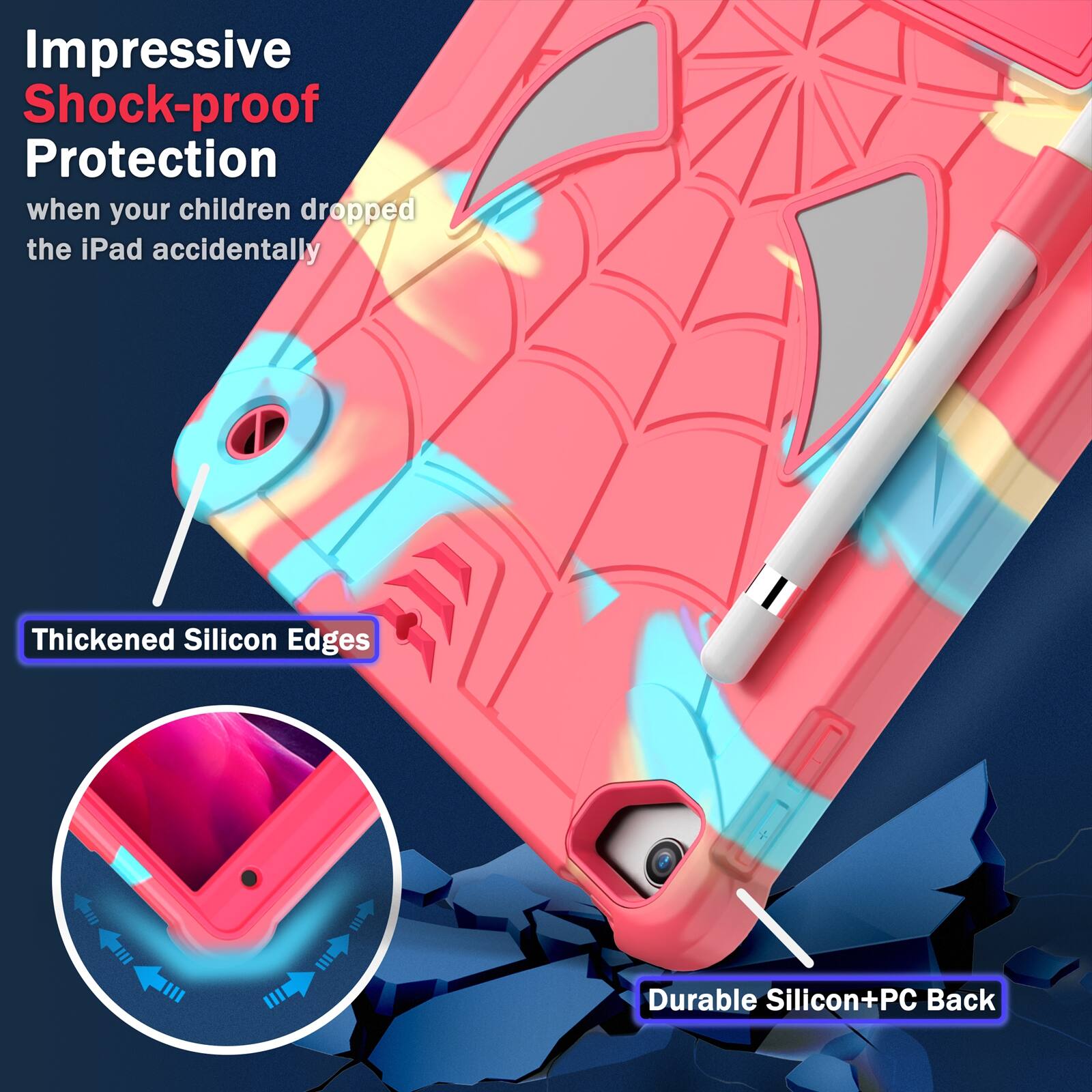 Impressive Shock-proof Protection when your children dropped the iPad accidentally

Thickened Silicon Edges

Durable Silicon+PC Back