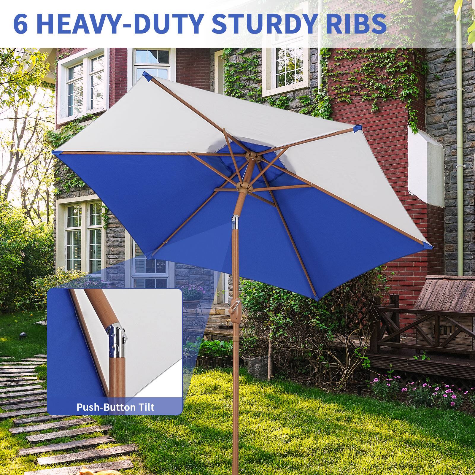 6 HEAVY-DUTY STURDY RIBS  
Push-Button Tilt