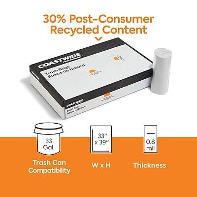 30% Post-Consumer Recycled Content

COASTWIDE Trash Bags
Bolsas de basura

Trash Can Compatibility
33 Gal.

Dimensions
33" x 39"

Thickness
0.8 mil