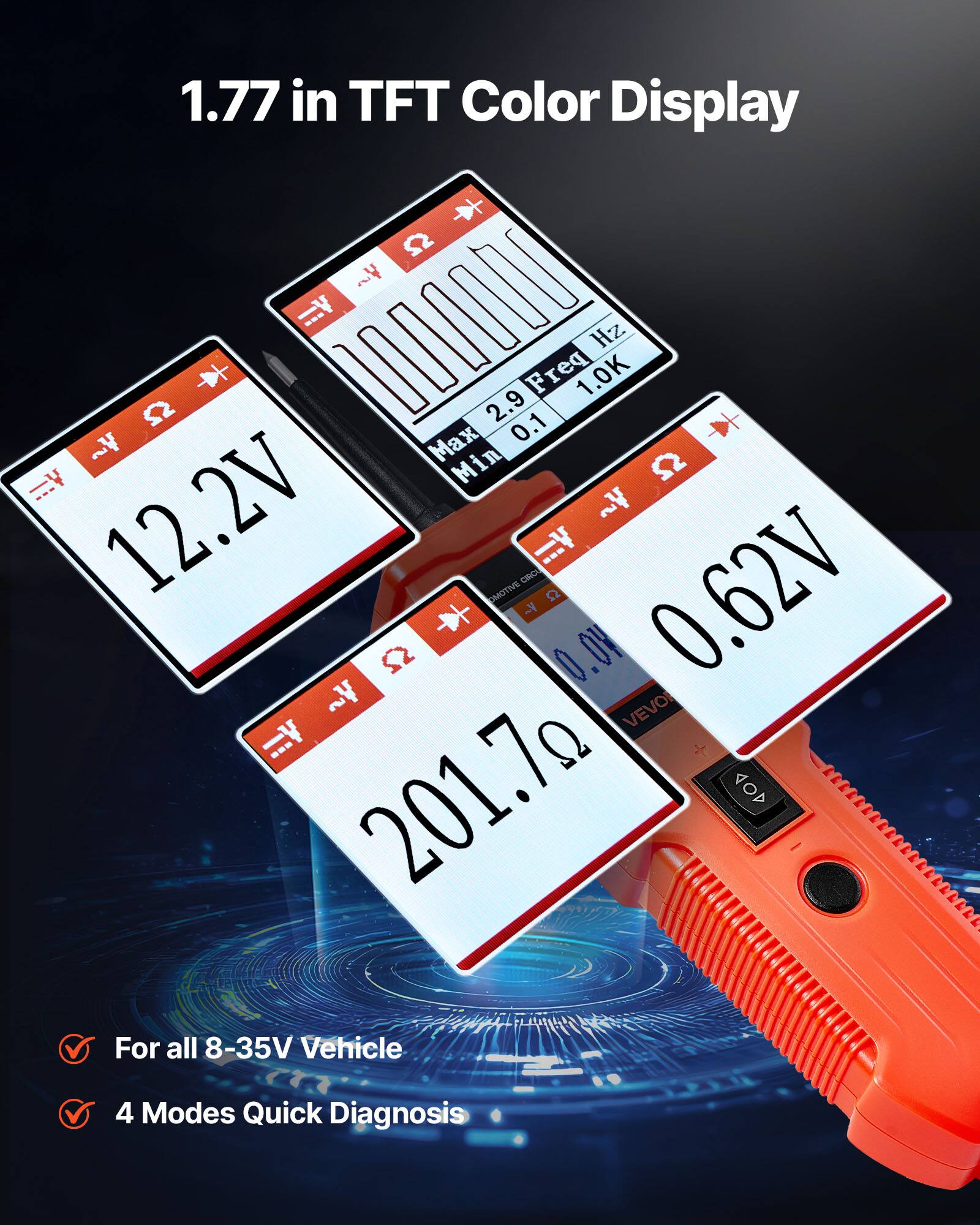 1.77 in TFT Color Display

52 -.. I Hz Freq 1.0K 2.9 Max 0.1 Min 52 12.2V ~ ..V -.. OO OMOTIVE 0.62V 0.04 ~ VEVO ..V -.. 201.7 OV For all 8-35V Vehicle 4 Modes Quick Diagnosis