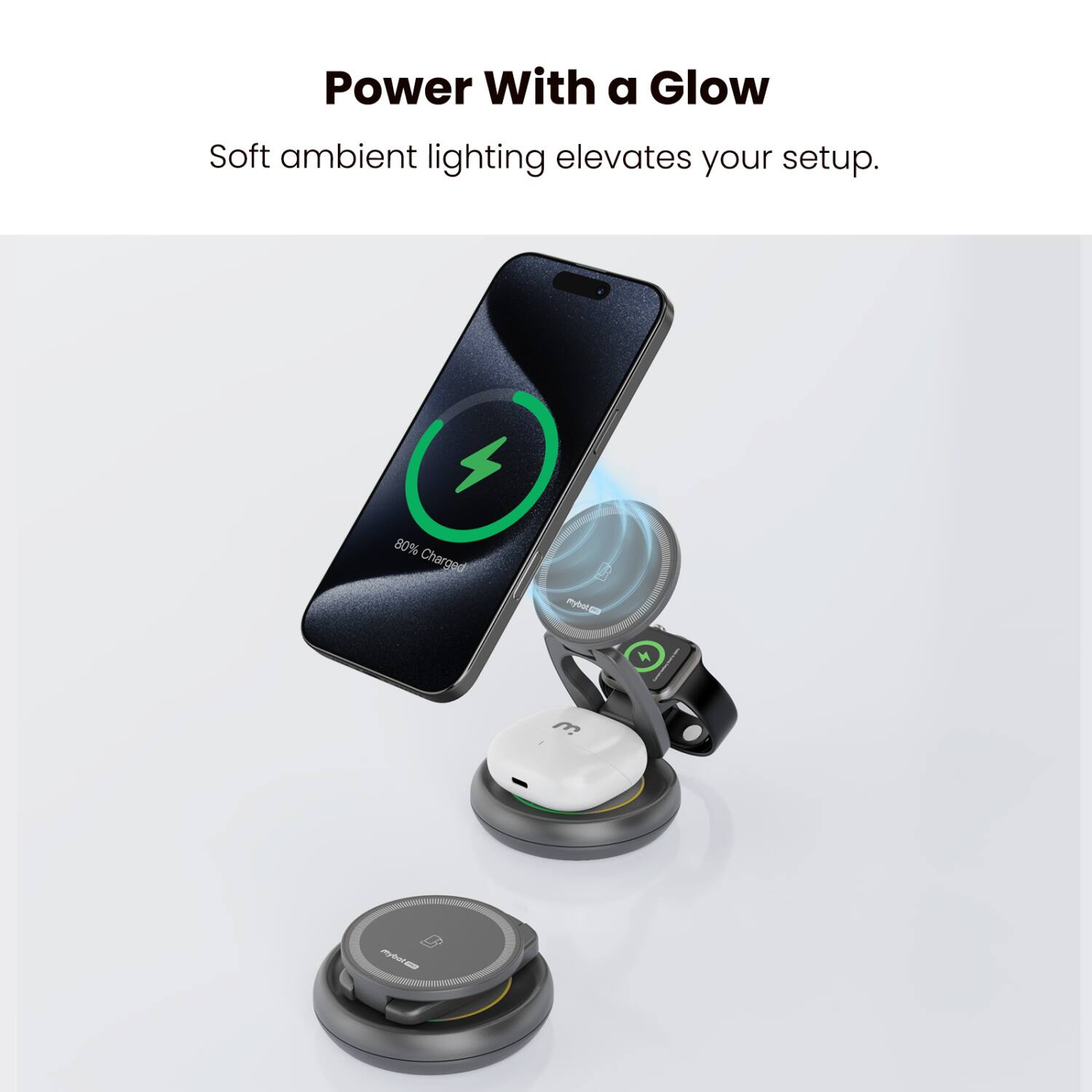 Power With a Glow  
Soft ambient lighting elevates your setup.  
80% Charged