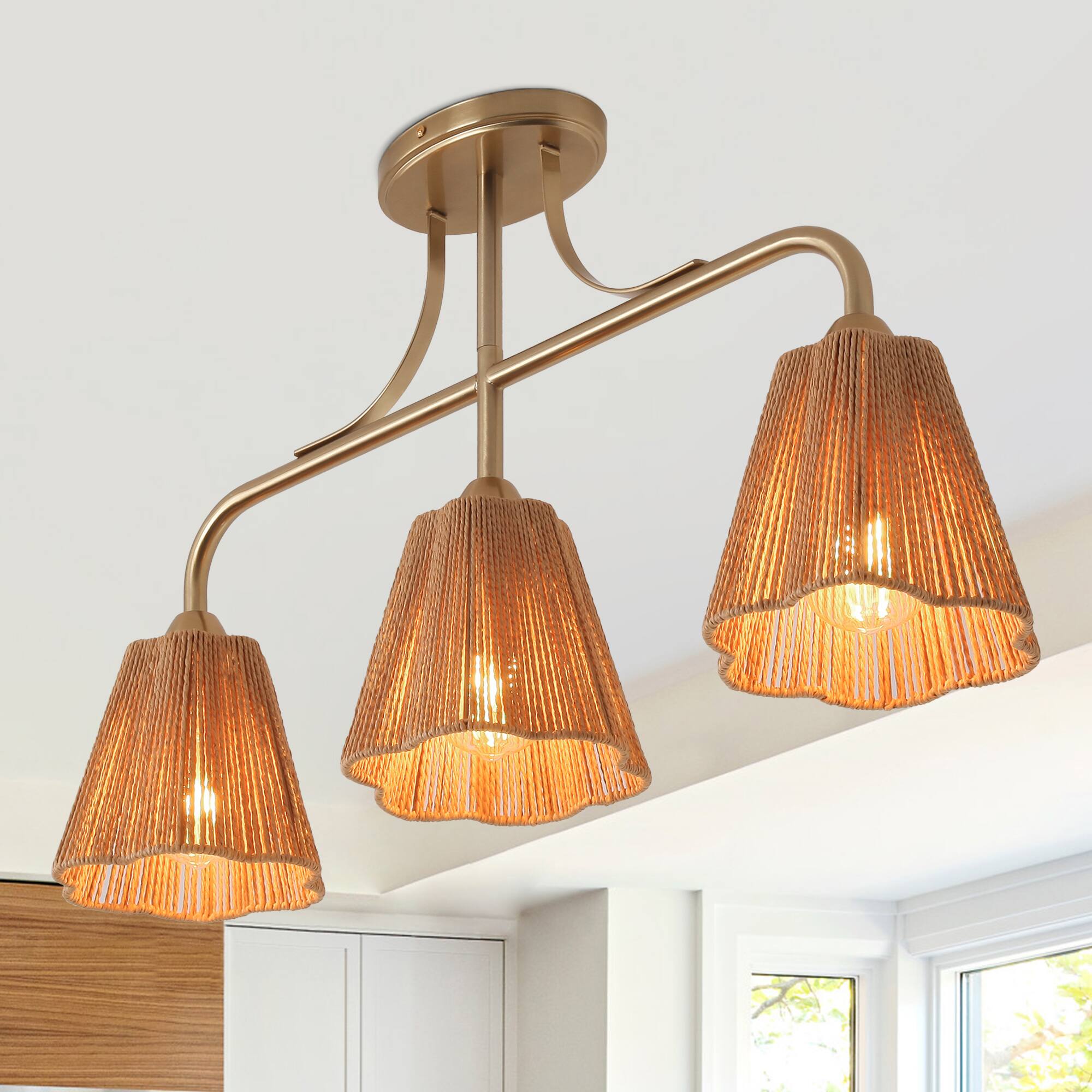 Angle. Parrot Uncle - 30" Modern Gold 3-Light Kitchen Island Chandelier with Natural Woven Rope Shades for Dining Room - Gold.