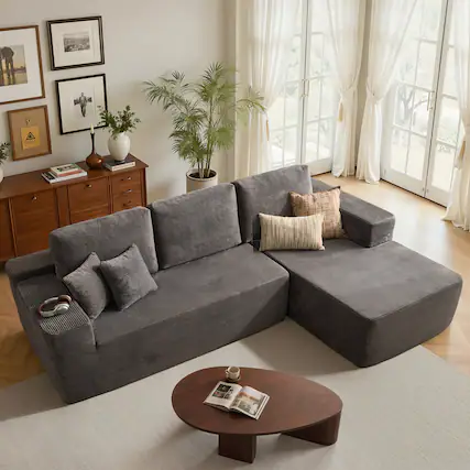 Front. Ovios - 104" Modular Sectional Sofa with Chaise, Modern L Shaped Couch for Living Room - Grey(Corduroy, Right Facing).