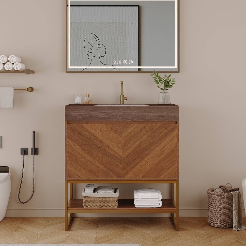 Angle. Loheer - Loheer 29.9 inch modern freestanding bathroom vanity with Ceramic Sink Brown Oak - Brown.