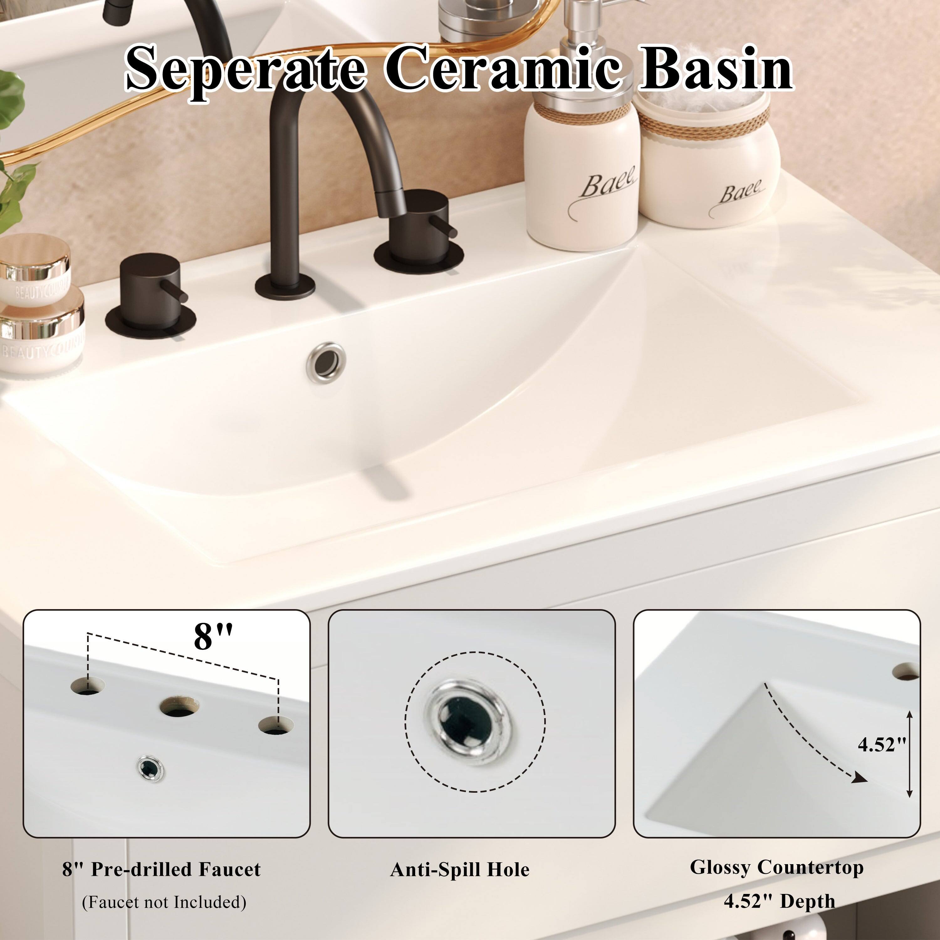 Separate Ceramic Basin

8" Pre-drilled Faucet (Faucet not Included)

Anti-Spill Hole

Glossy Countertop 4.52" Depth