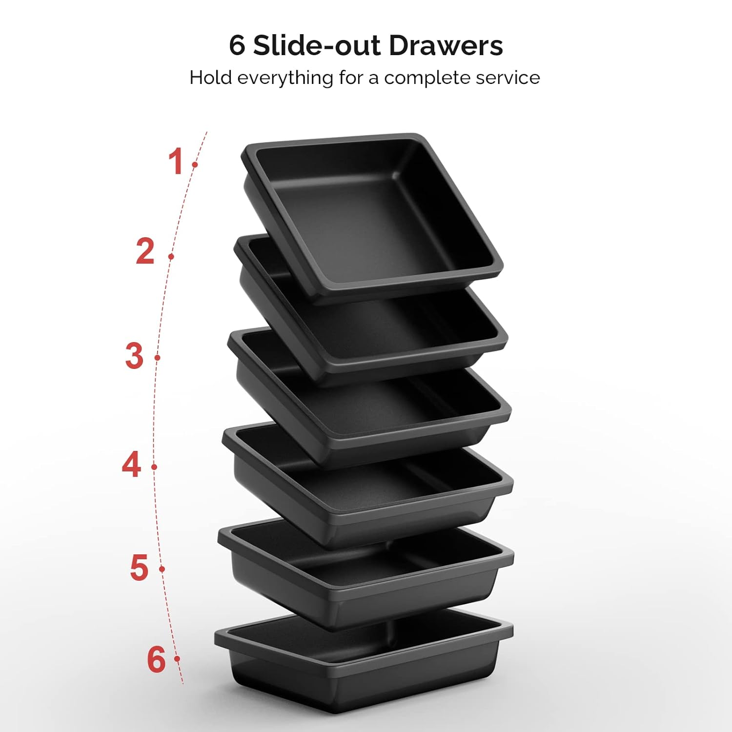 6 Slide-out Drawers  
Hold everything for a complete service  
1  
2  
3  
4  
5  
6