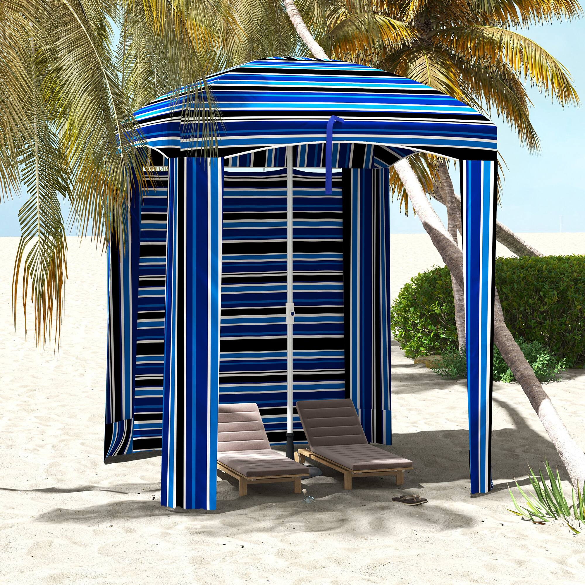 Angle. Outsunny - 5.9' x 5.9' Portable Beach Umbrella, Ruffled Outdoor Cabana with Walls, Vents, Sandbags, Carry Bag - Blue Strip.