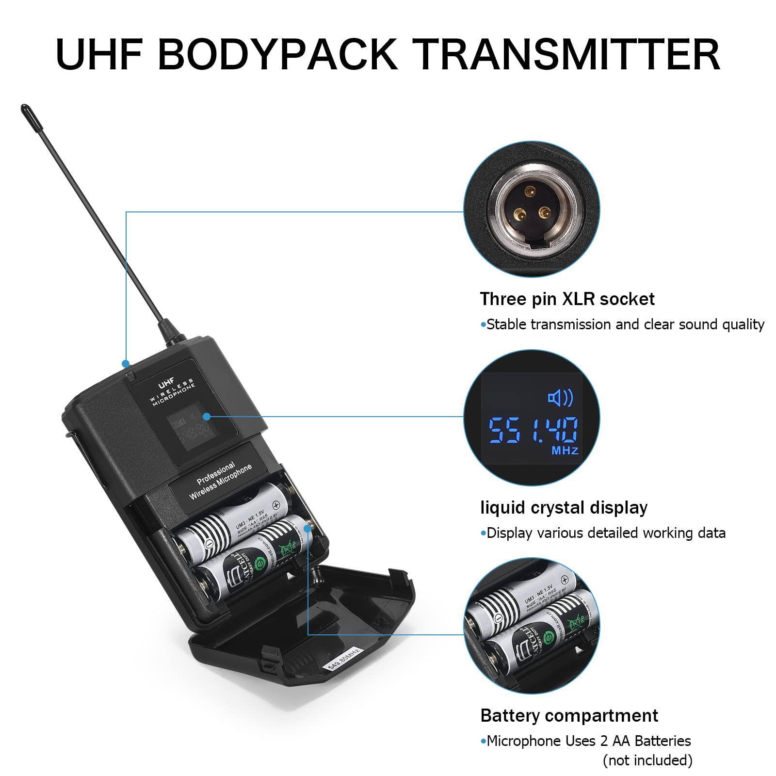 UHF BODYPACK TRANSMITTER

- Three pin XLR socket
  - Stable transmission and clear sound quality

- liquid crystal display
  - Display various detailed working data

- Battery compartment
  - Microphone Uses 2 AA Batteries (not included)