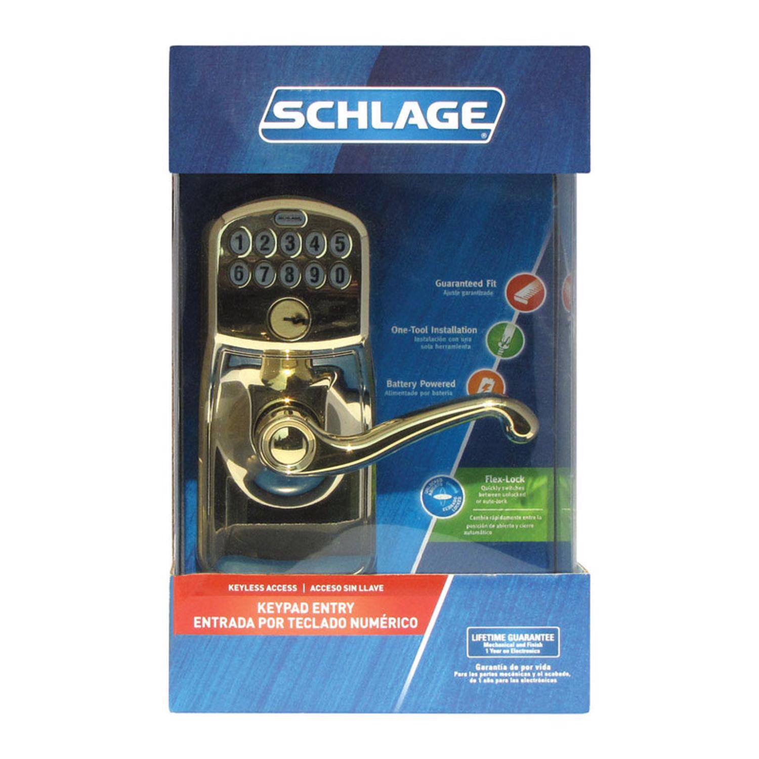 SCHLAGE

1 2 3 4 5  
6 7 8 9 0

Guaranteed Fit  
One-Tool Installation  
Battery Powered  
Flex-Lock  

KEYLESS ACCESS  
KEYPAD ENTRY  
ENTRADA POR TECLADO NUMÉRICO  

LIFETIME GUARANTEE  
Mechanical - Felck 1 - Cerantia de por vida