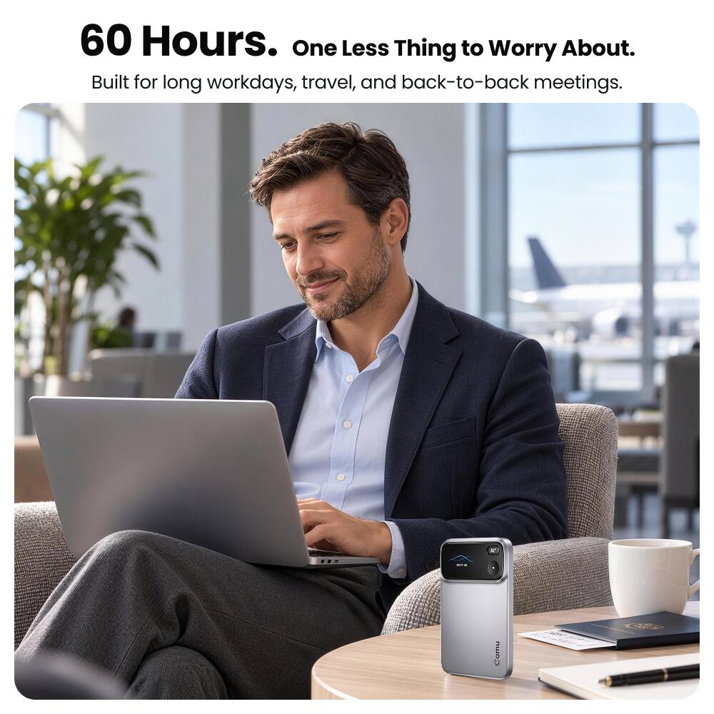 60 Hours. One Less Thing to Worry About.  
Built for long workdays, travel, and back-to-back meetings.