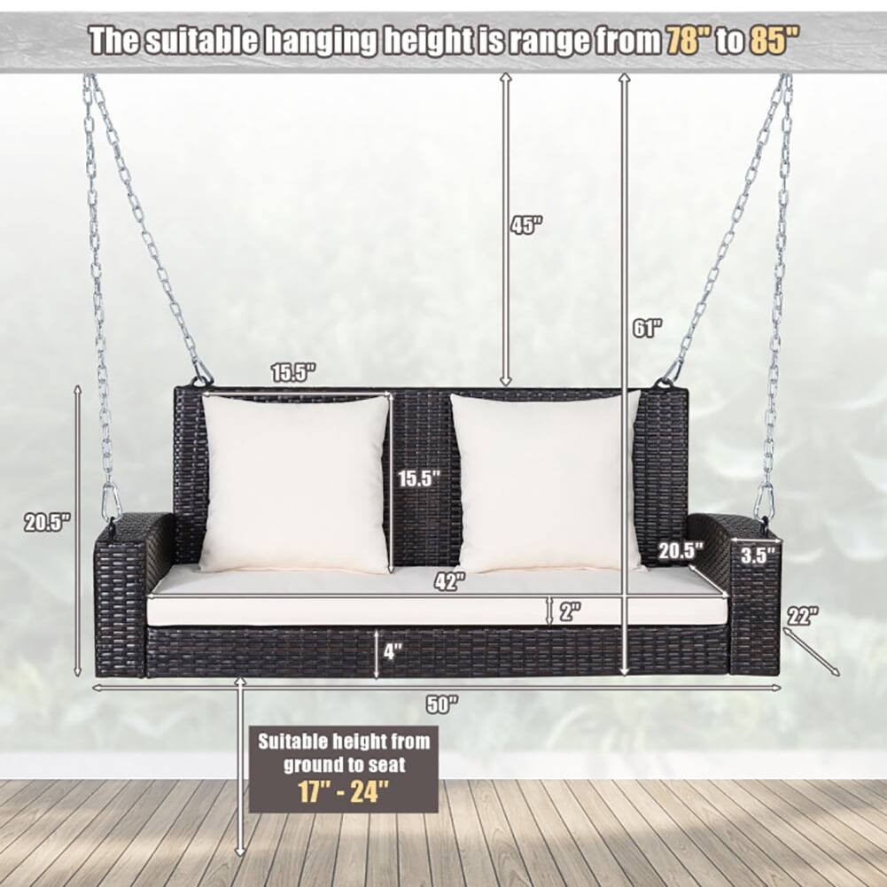 The suitable hanging height is range from 78" to 85"

Suitable height from ground to seat 17" - 24"

- 45"
- 61"
- 15.5"
- 15.5"
- 20.5"
- 4"
- 42"
- 20.5"
- 3.5"
- 22"
- 50"
