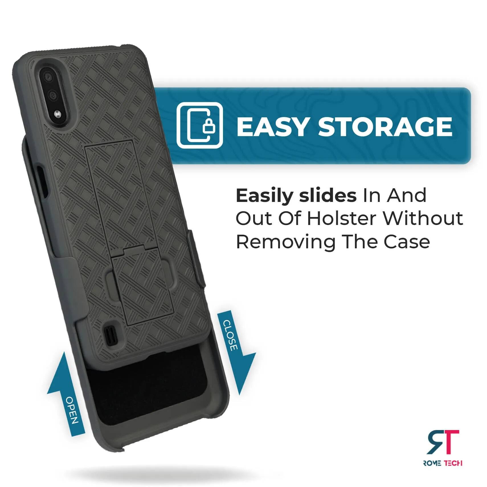 EASY STORAGE  
Easily slides In And Out Of Holster Without Removing The Case  

CLOSE OPEN  
ROME TECH