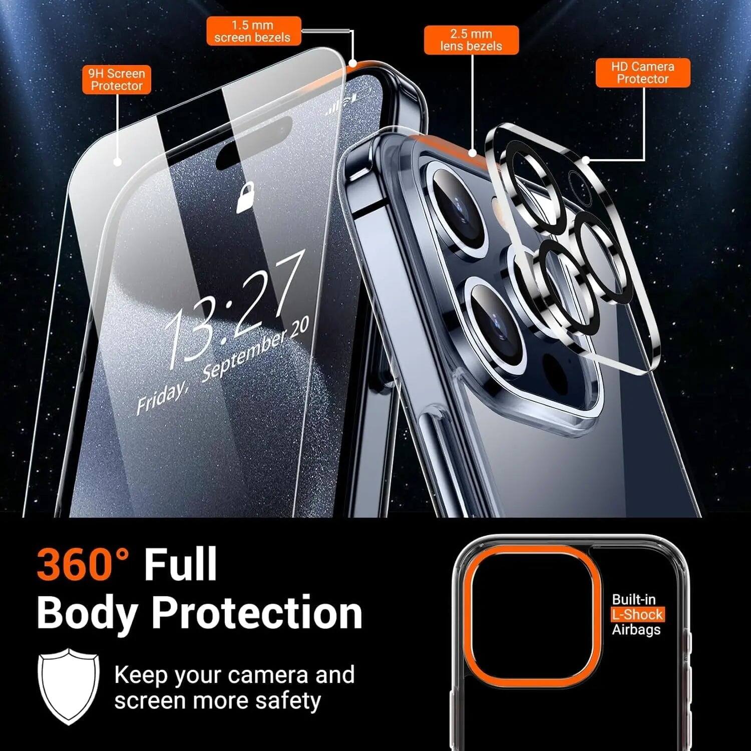 1.5 mm screen bezels  
2.5 mm lens bezels  
9H Screen Protector  
Friday, 13:27 September 20  
HD Camera Protector  
360° Full Body Protection  
Keep your camera and screen more safety  
Built-in L-Shock Airbags