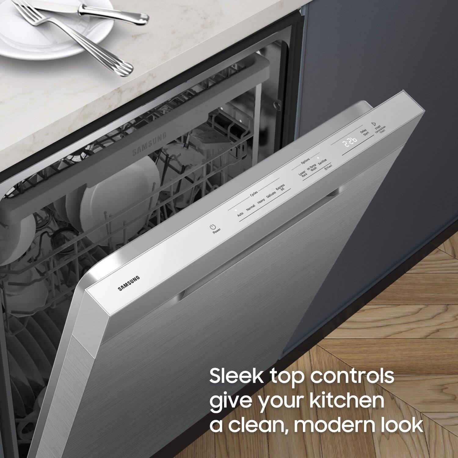 SAMSUNG D - sun 226 bga Tare Dalicatos neay Nornal - owe

SAMSUNG Sleek top controls give your kitchen a clean, modern look