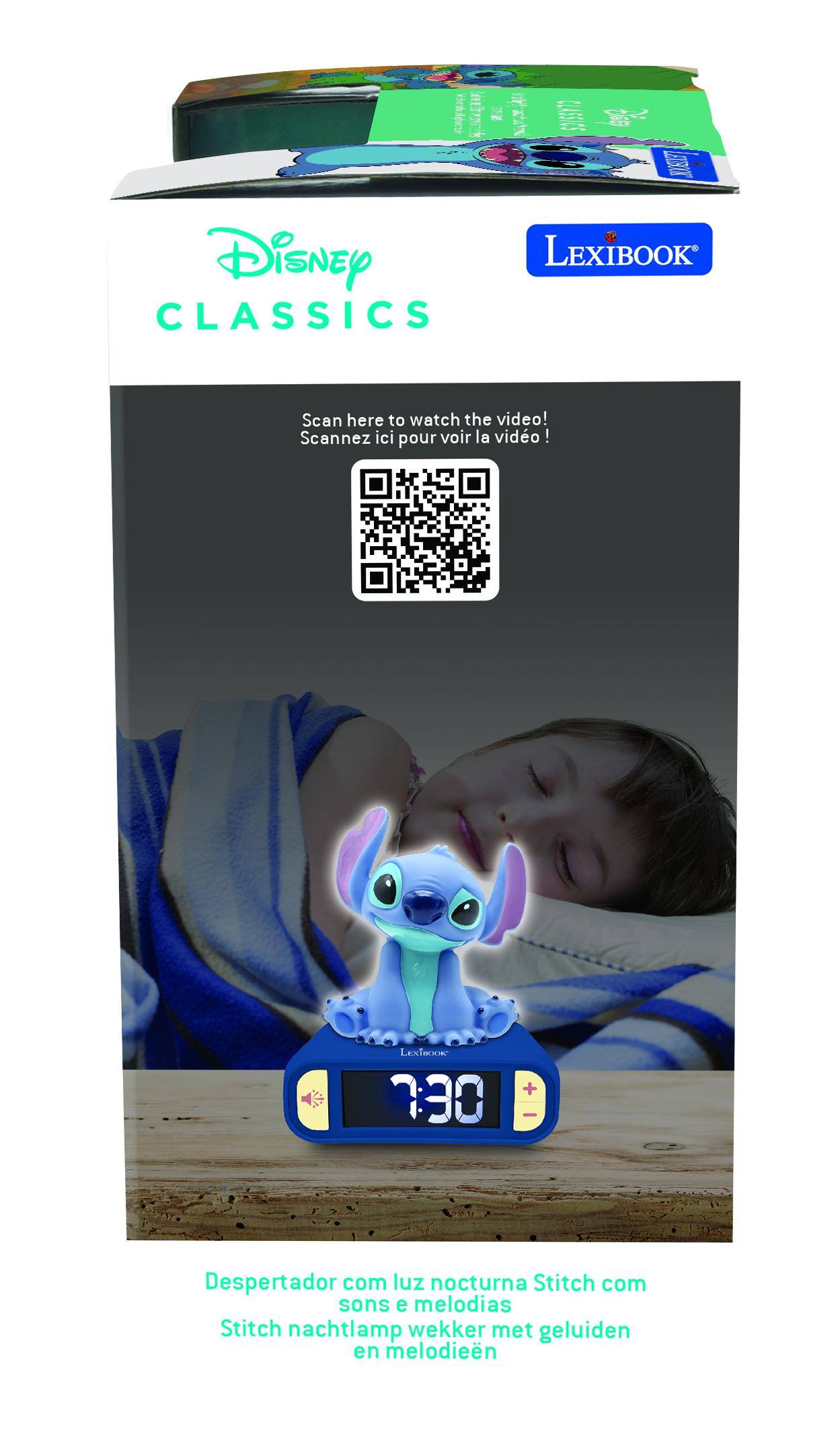 Disney CLASSICS  
LEXIBOOK  

Scan here to watch the video!  
Scannez ici pour voir la vidéo !  

Despertador com luz nocturna Stitch com sons e melodias  
Stitch nachtlamp wekker met geluiden en melodien  

7:30