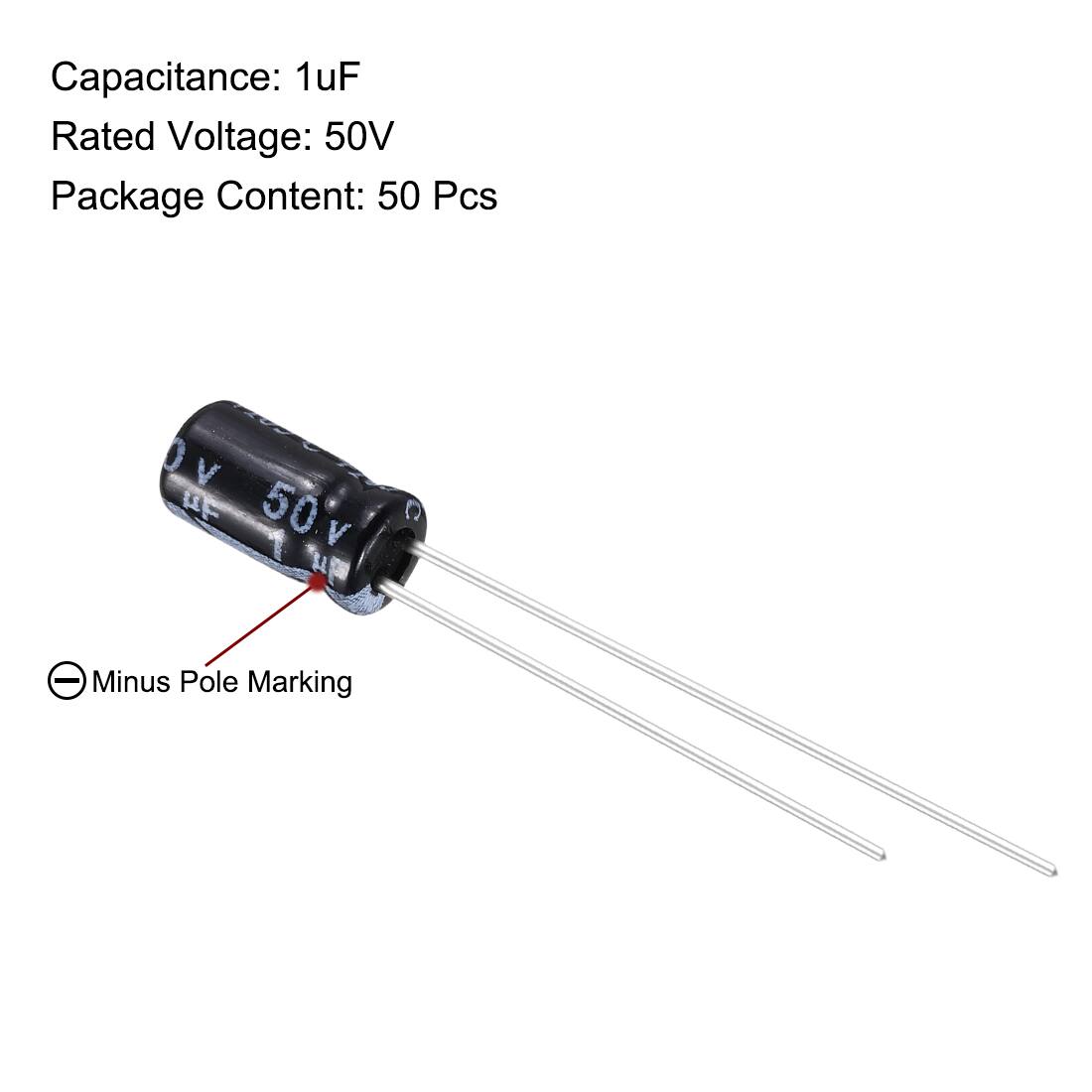 Capacitance: 1uF  
Rated Voltage: 50V  
Package Content: 50 Pcs  

Minus Pole Marking