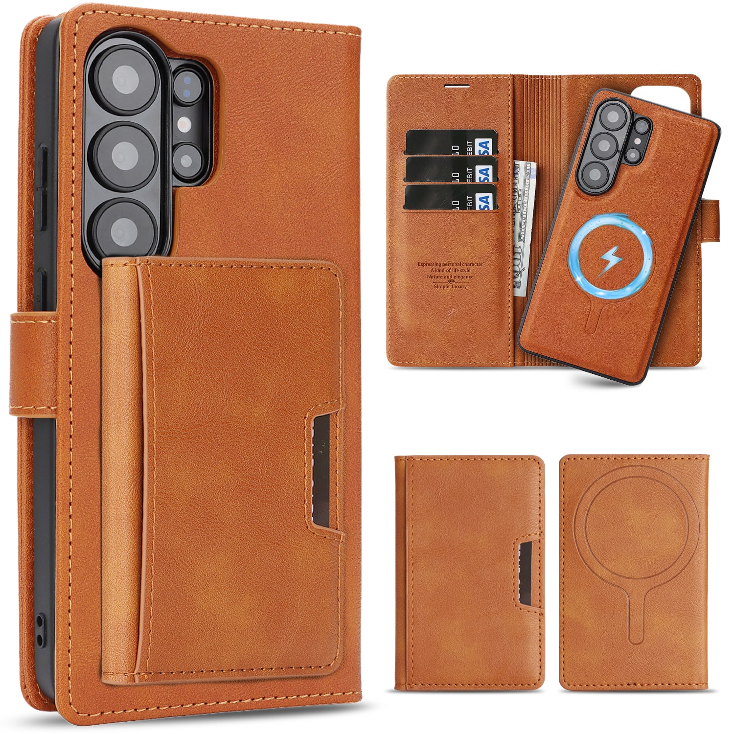 Dteck - Magnetic Case for Samsung Galaxy S26 Ultra, 3-in-1 Leather Kickstand Mag Safe Detachable Case With Card Holder - Brown