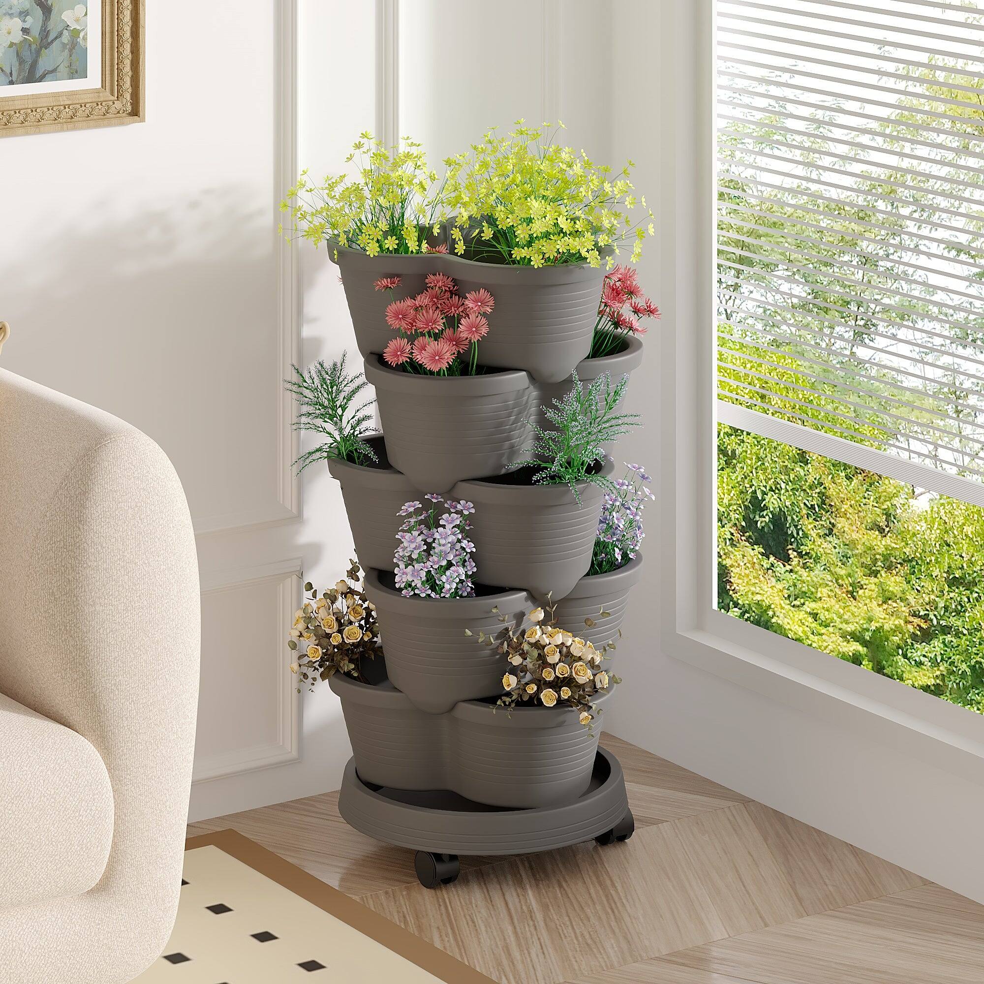 Vecelo - 5-Tier Stackable Vertical Garden Planter with Drainage and Wheels for Indoor Outdoor Strawberry & Herb Growing