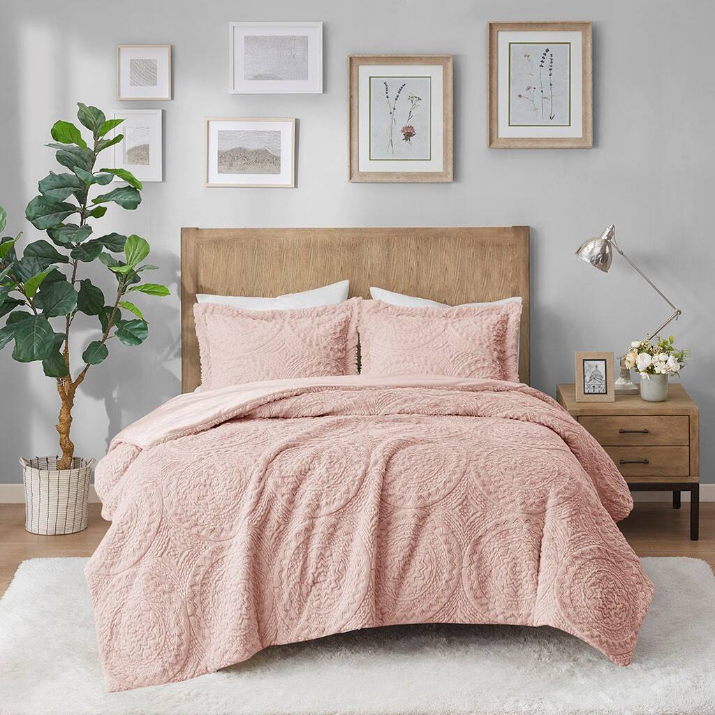 Angle. TinyHomie - King/Cal King Embroidered Medallion Faux Fur Ultra Plush Comforter Mini Set - Blush.