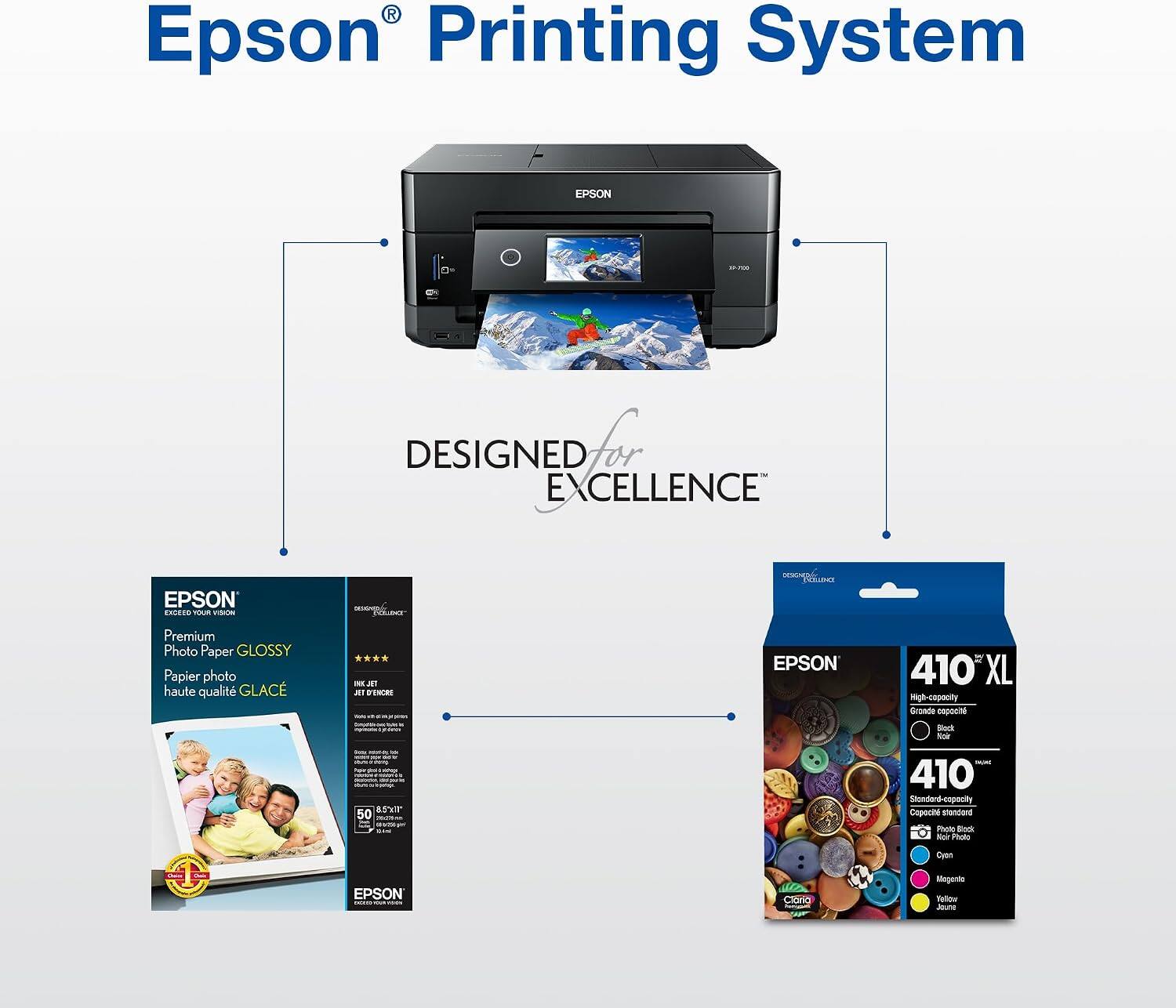 Epson Printing System  
EPSON -2 DESIGNED for EXCELLENCE  
EPSON CALCIO mA VISAON  
Premium Photo Paper GLOSSY  
Papier photo haute qualité GLACÉ  
EPSON 410 XL High-capacity  
410 Standard  
EPSON Ciono Megents
