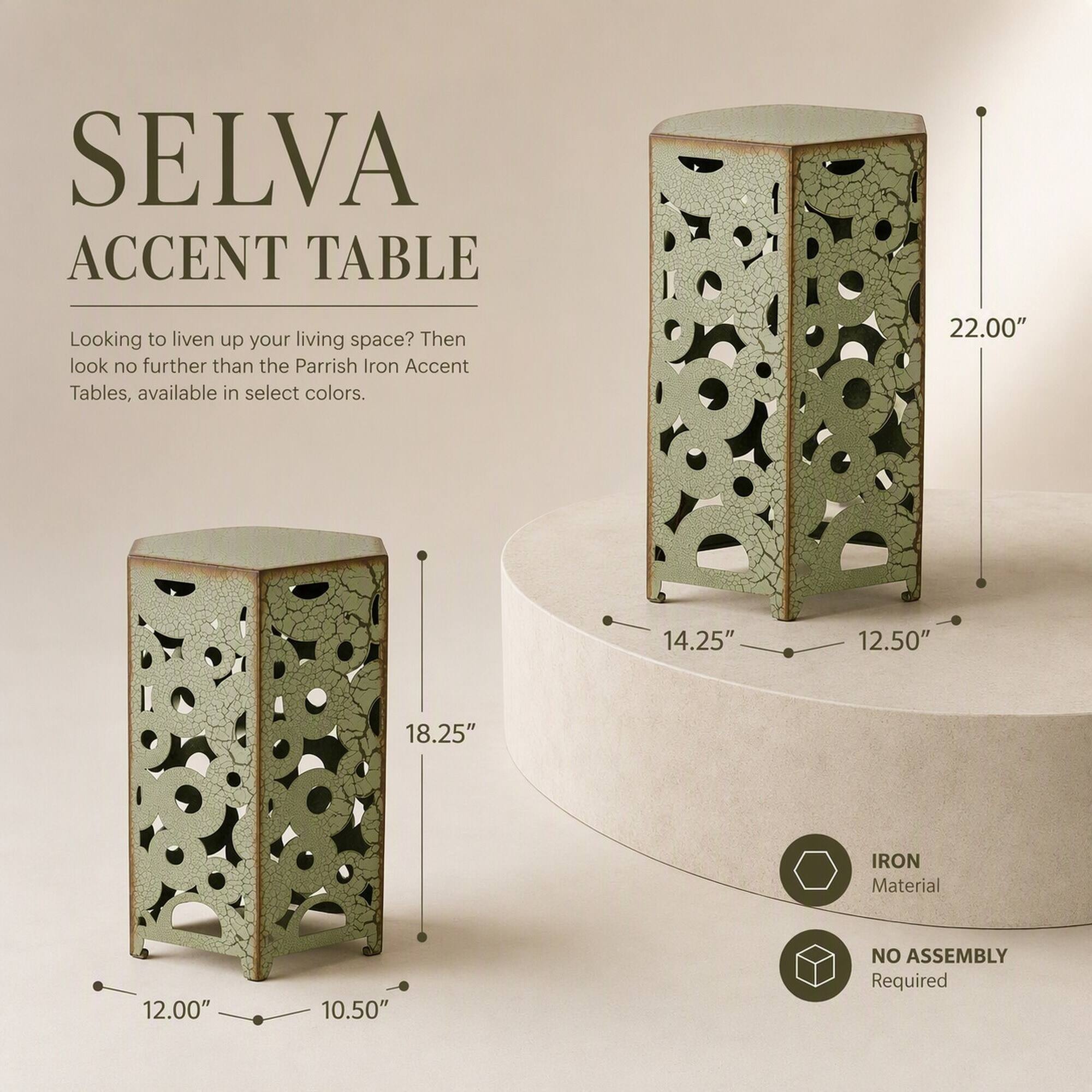 SELVA ACCENT TABLE

Looking to liven up your living space? Then look no further than the Parrish Iron Accent Tables, available in select colors.

22.00"  
14.25"  
12.50"  
18.25"  
12.00"  
10.50"  

IRON Material  
NO ASSEMBLY Required