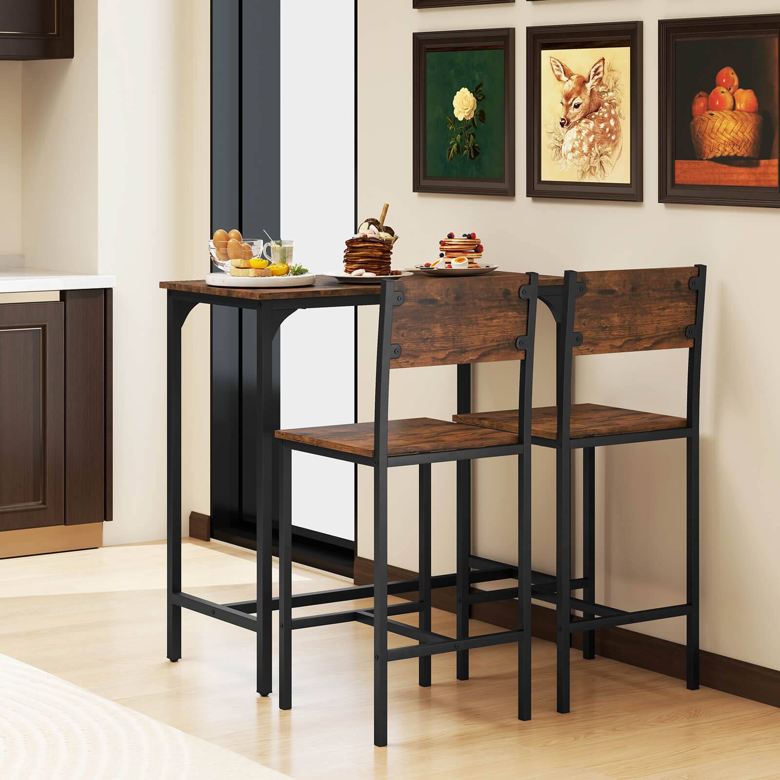 Alt View 1. Costway - Costway 3 PCS Bar Table Set Pub Dining Table & 2 Bar Stools with Backrest & Footrest - Brown.