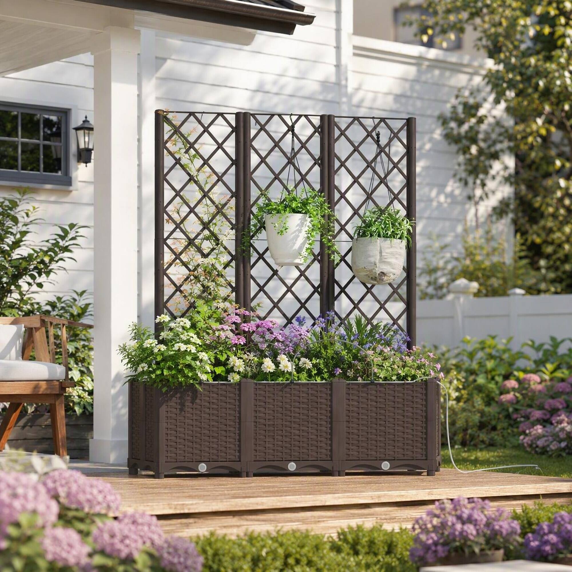Left. RYHNUYNE - Self-Watering Raised Garden Bed with Trellis, 3-Tier Modular Planter Box in Brown PP, 47.2x15.7x53.5 Inches - Brown.