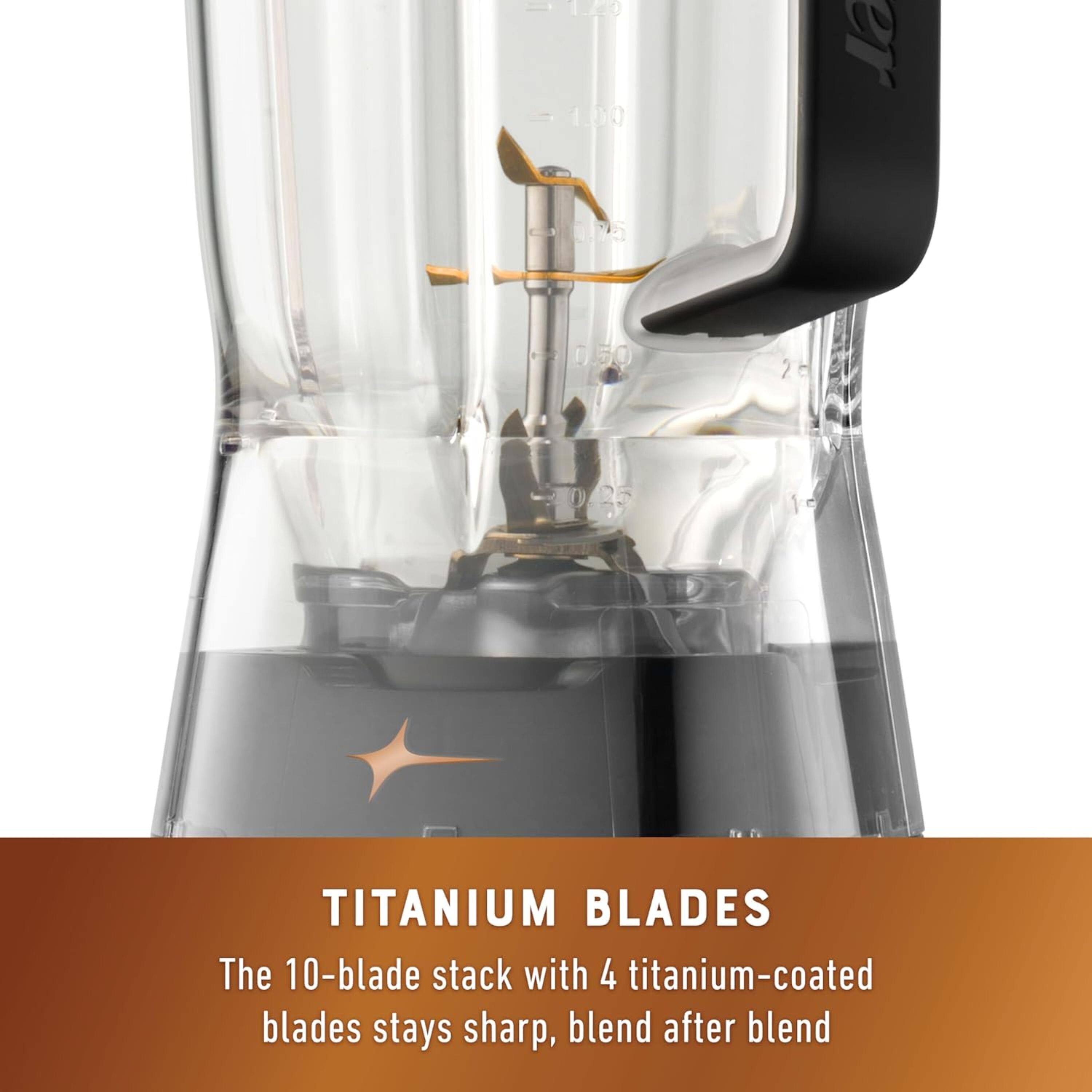 Titanium Blades: The 10-blade stack with 4 titanium-coated blades stays sharp, blend after blend.