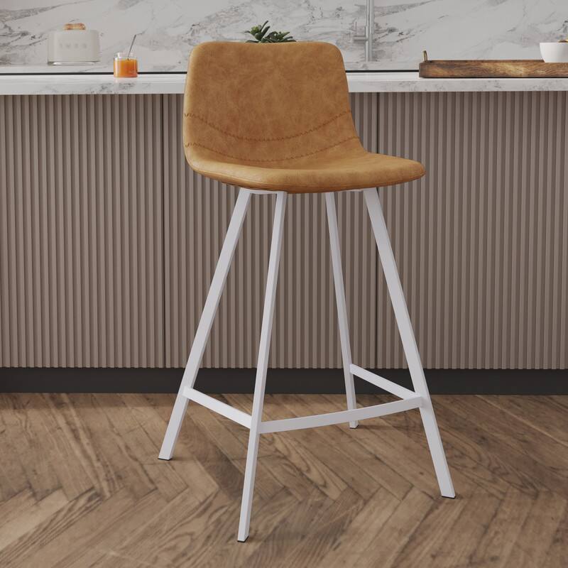 Angle. LeisureMod - Elland 24-Inch Counter Stool with White Base, Modern Upholstered Leather Counter Height Barstool Set of 2 - Light Brown.