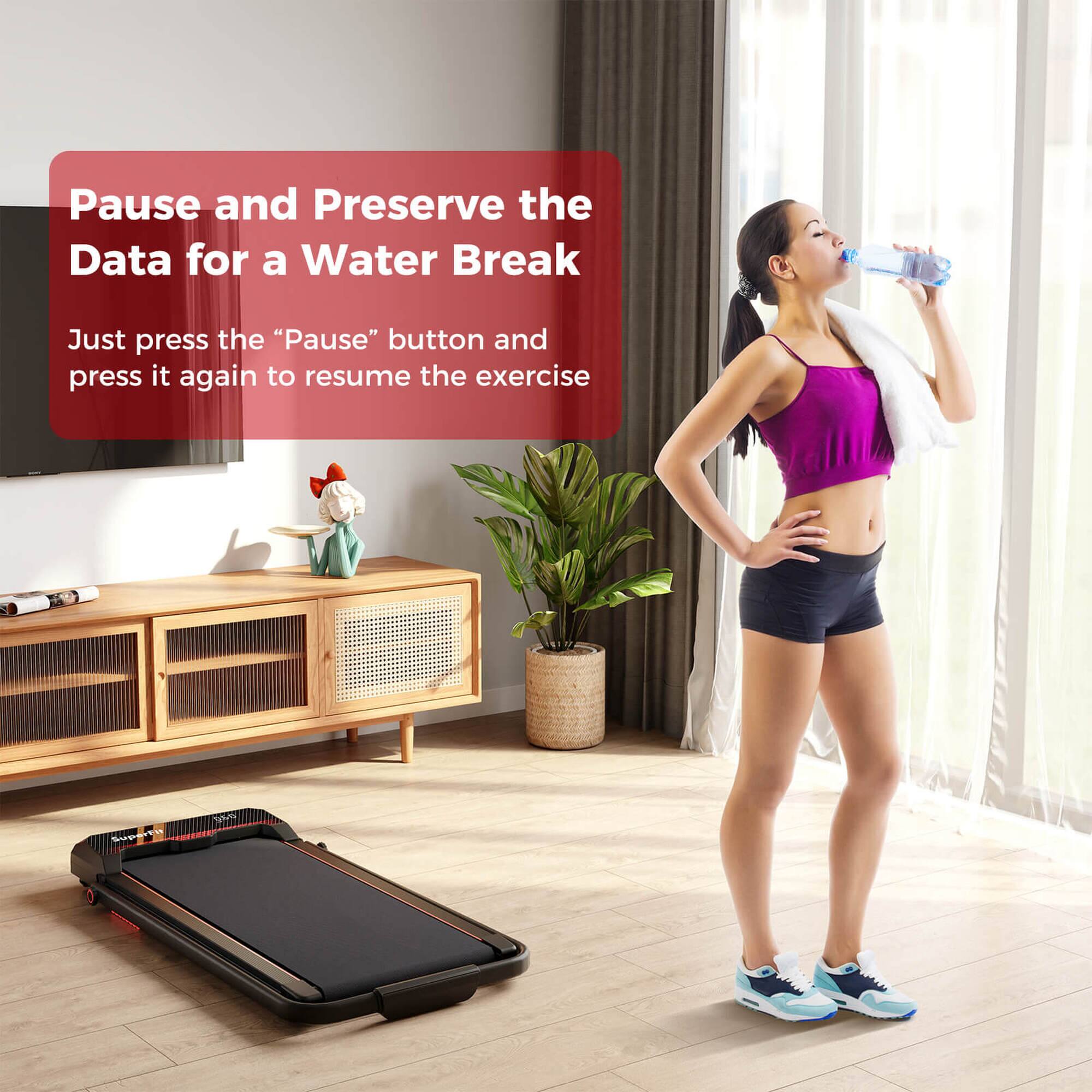 Pause and Preserve the Data for a Water Break

Just press the “Pause” button and press it again to resume the exercise