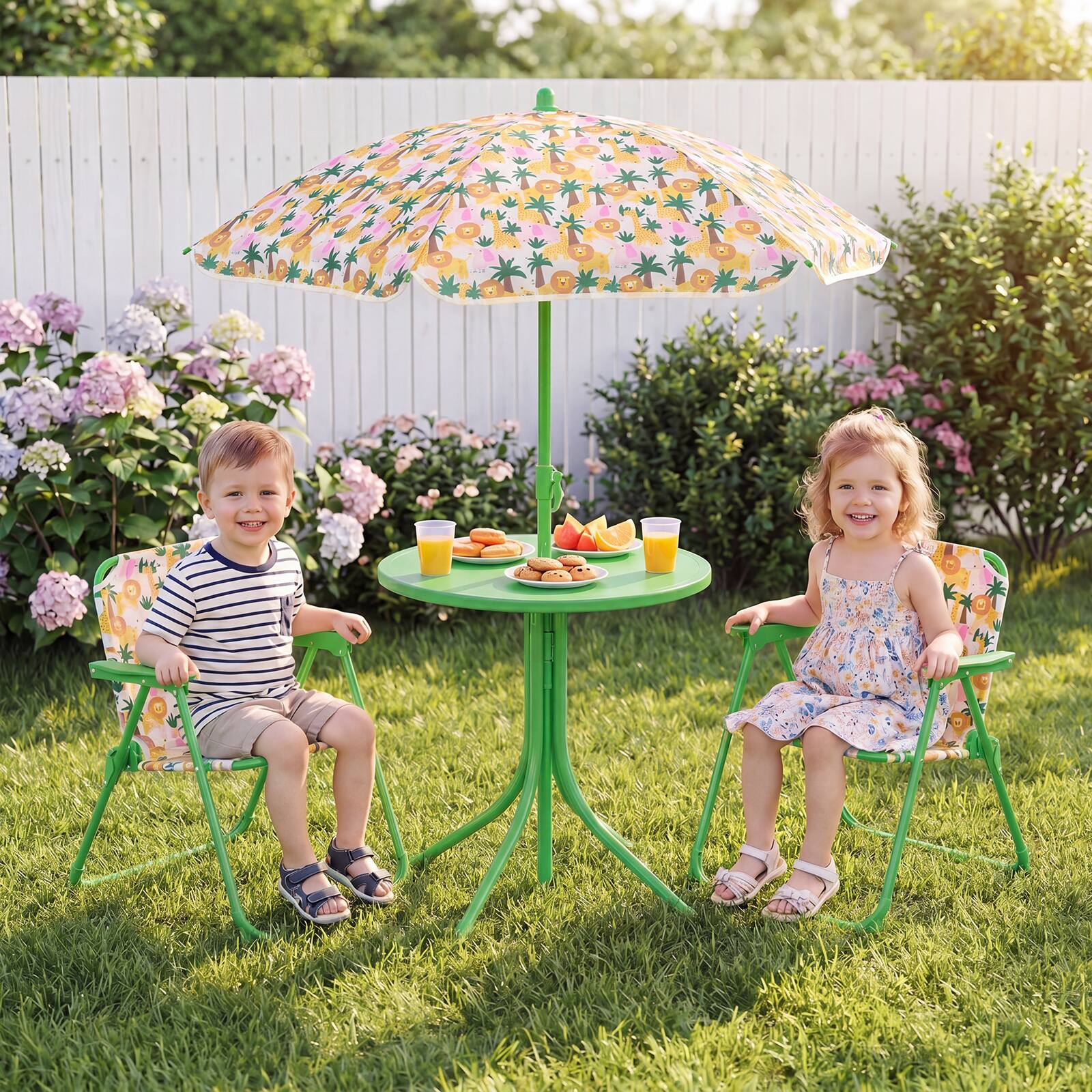 Alt View 3. Gymax - Gymax Kids Picnic Table Outdoor Table&Chair Set 2 Folding Chairs&Adjustable Umbrella Beige & Green - Beige.