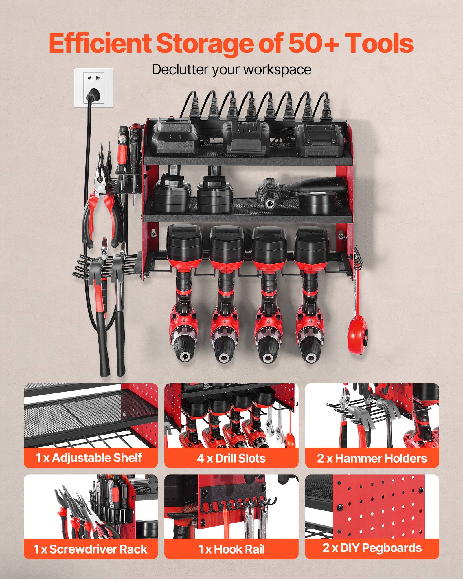 Efficient Storage of 50+ Tools  
Declutter your workspace  

1 x Adjustable Shelf  
4 x Drill Slots  
2 x Hammer Holders  
1 x Screwdriver Rack  
1 x Hook Rail  
2 x DIY Pegboards